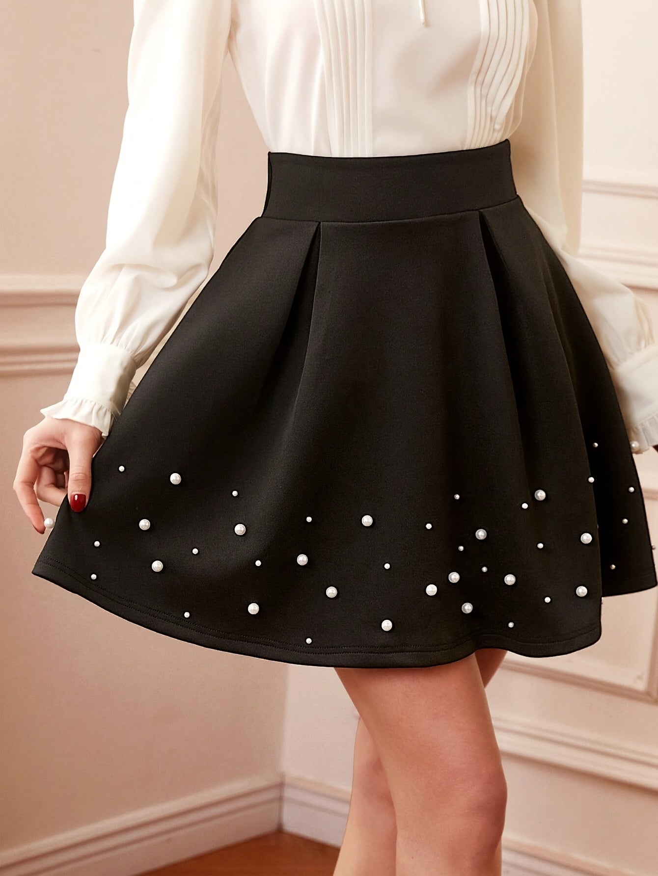 Elegant High-Waist Pearl-Embellished Skirt for Women - Vintage Style Umbrella Skirt with Decorative Studs, Black A-Line Design for Parties and Events, Summer Skirt|Elegant Skirt Design|Decorative Skits, Skirt