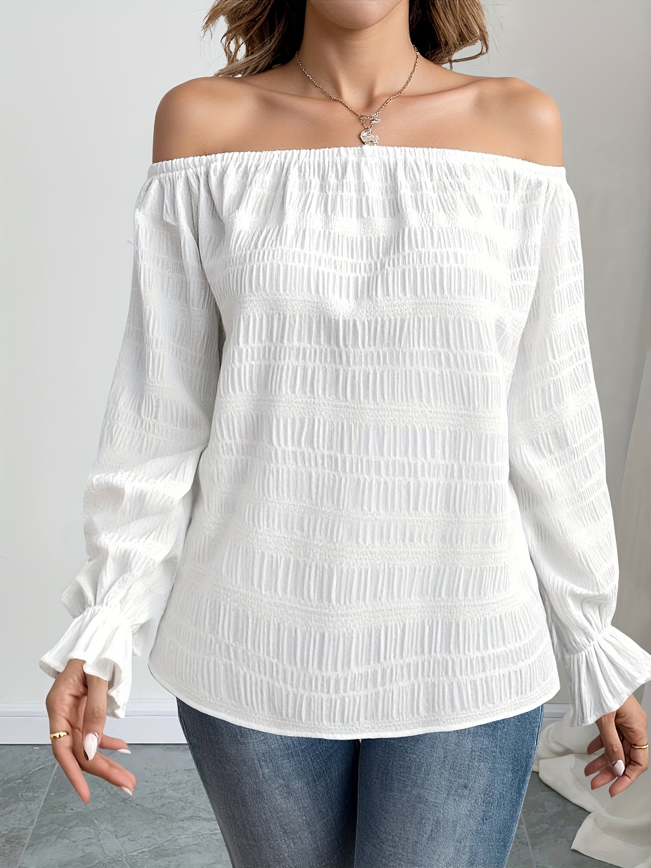 Solid Color Casual Elegant Pleated Off-Shoulder Long Sleeve Shirt Summer Wear