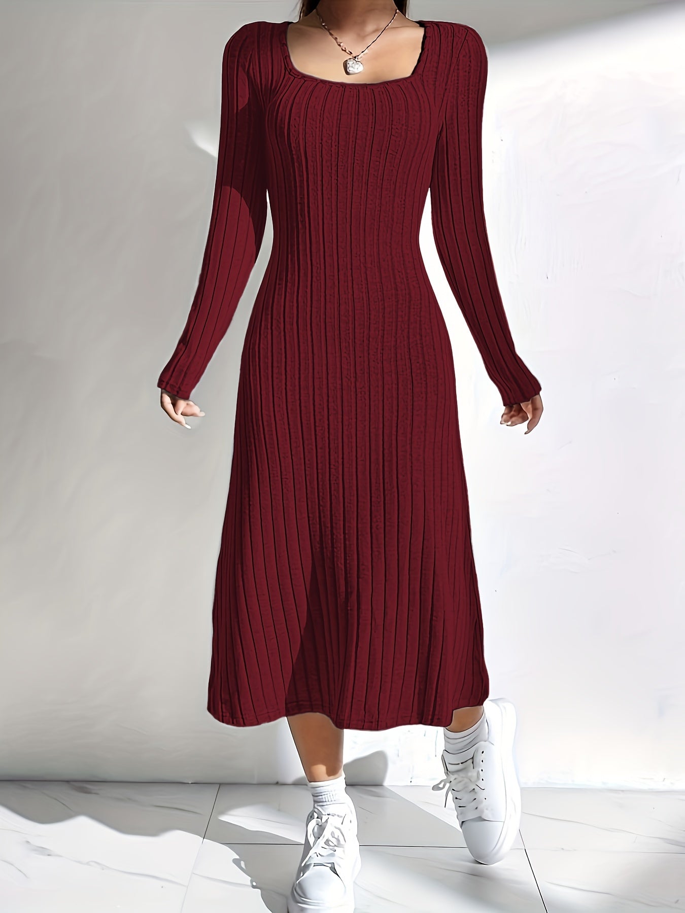 Square Neck Long Sleeve Dress - Elegant Solid Color Mermaid Knit Midi Dress For Spring & Fall - Women's Clothing - For Women - Suitable for Parties & Casual Occasions - Perfect Gift for Her