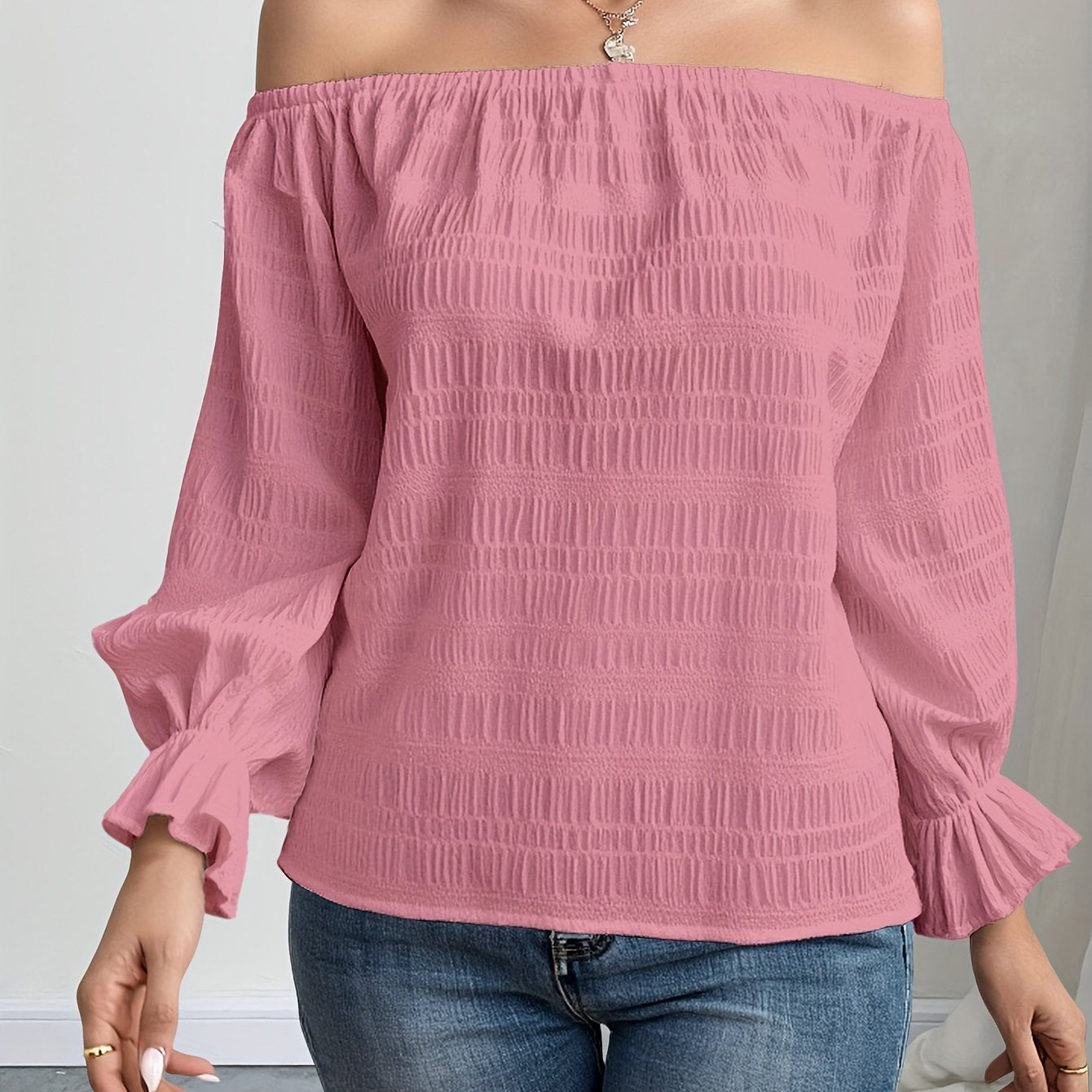 Solid Color Casual Elegant Pleated Off-Shoulder Long Sleeve Shirt Summer Wear