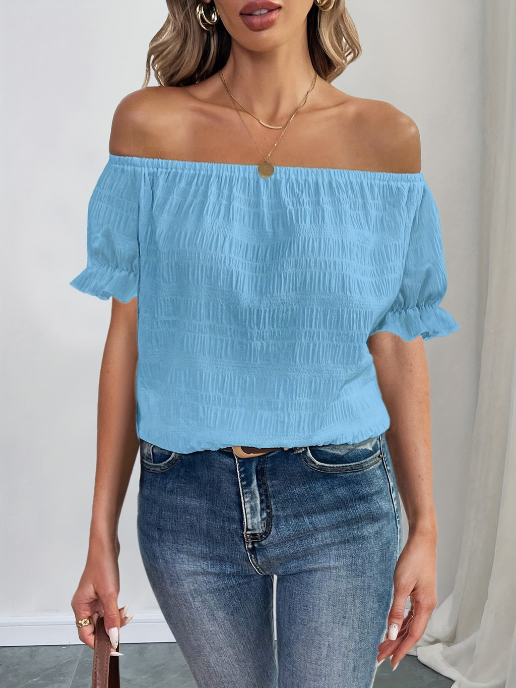 French Elegant Women's Casual Pleated Off-the-Shoulder Short Sleeve Top Summer Dress