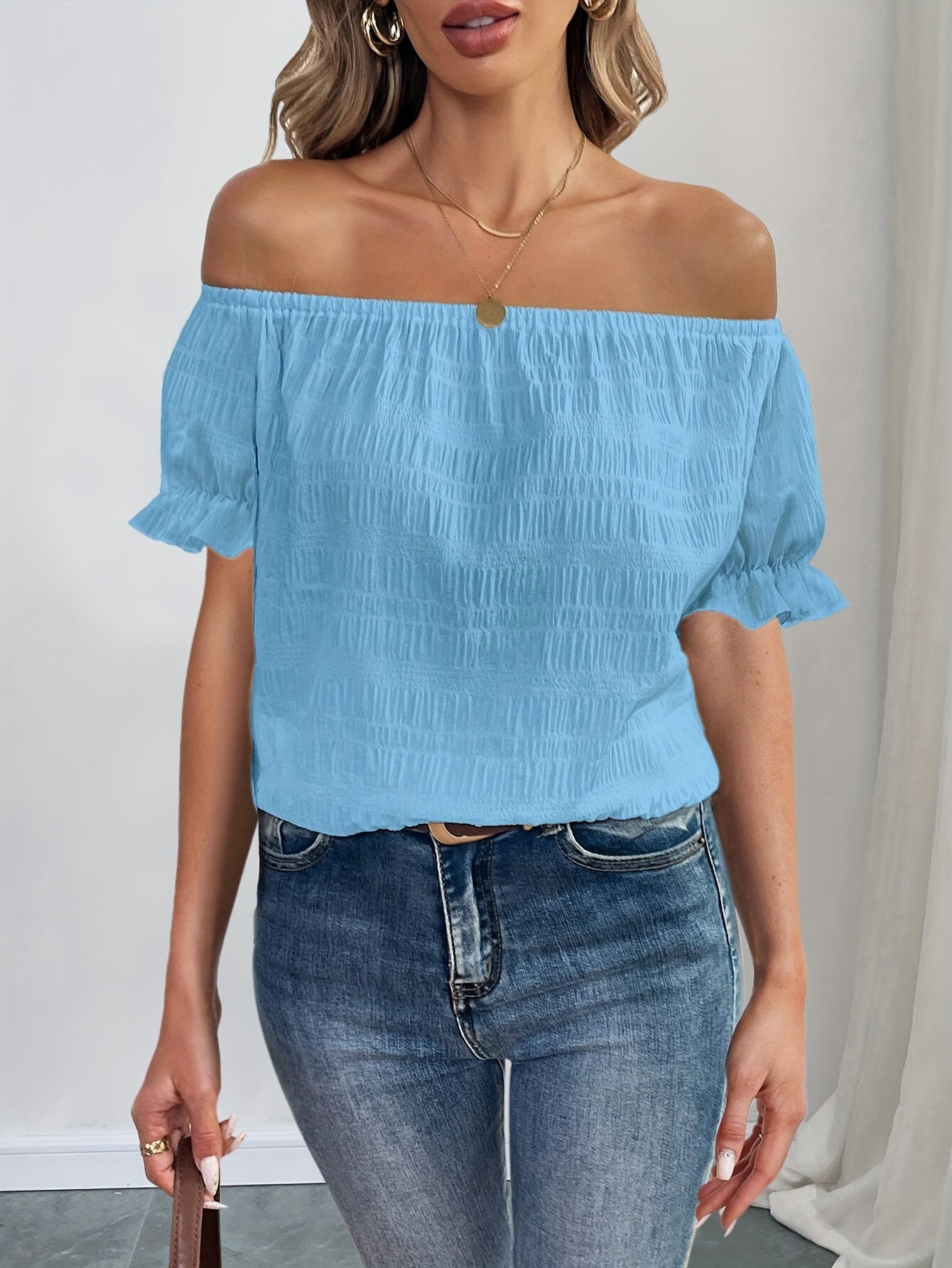French Elegant Women's Casual Pleated Off-the-Shoulder Short Sleeve Top Summer Dress