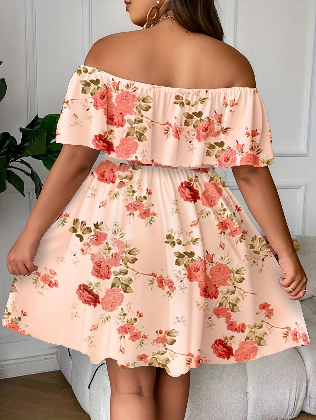 Elegant Off-Shoulder Floral Print Midi Dress for Women - Peach with Pink & Green Floral Design, Ruffled Hem, Perfect for Spring\u002FSummer, Casual to Formal Wear, Casual Summer Dress | Offshoulder Fashion | Ruffled Hem Dress