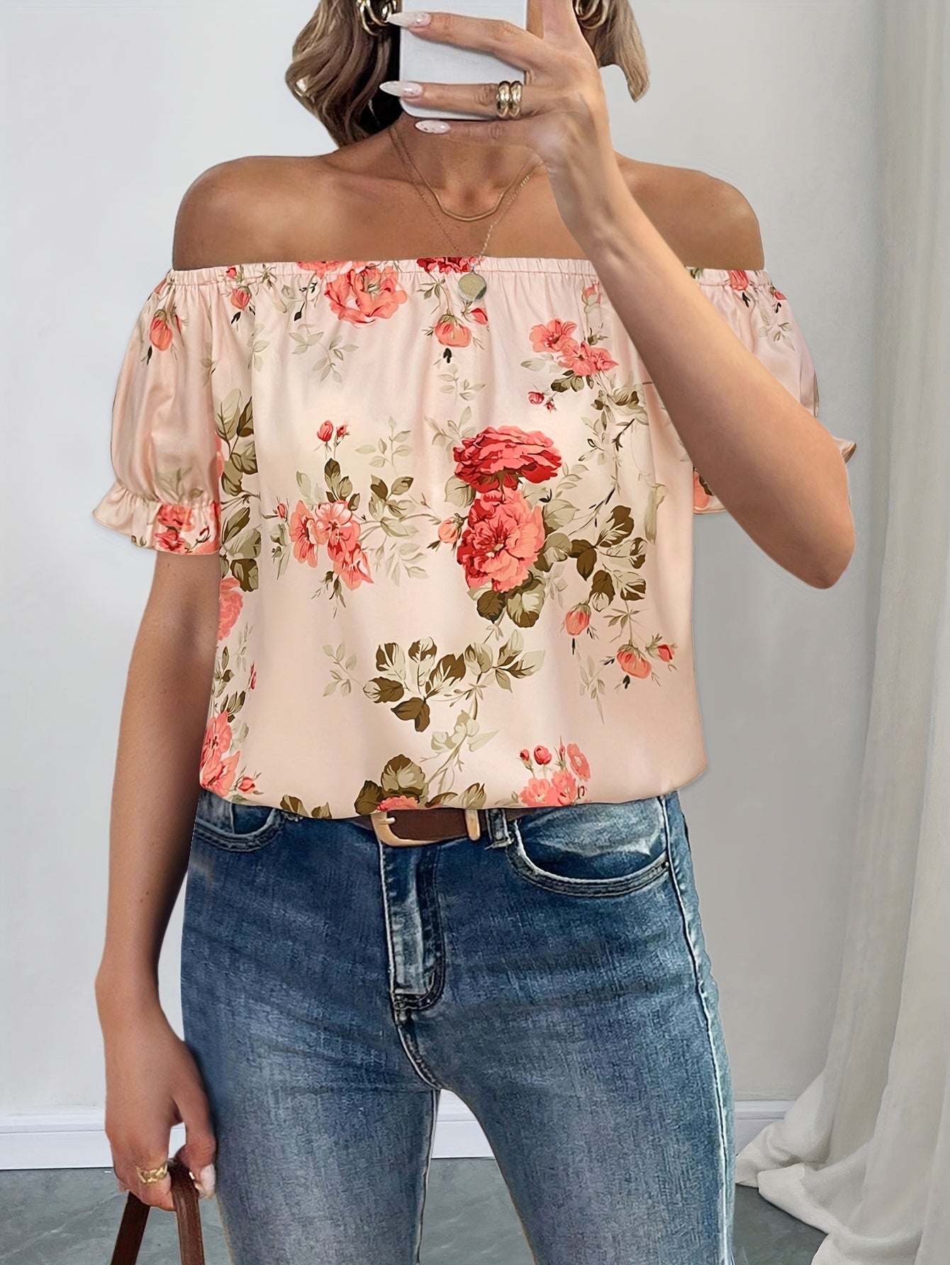 Women's French-Inspired Off-the-Shoulder Top - Elegant Ruffled Short Sleeve Blouse with Floral Print, Lightweight 100% Polyester, Machine Washable for Spring\u002FSummer Casual & Semi-Formal Outfits