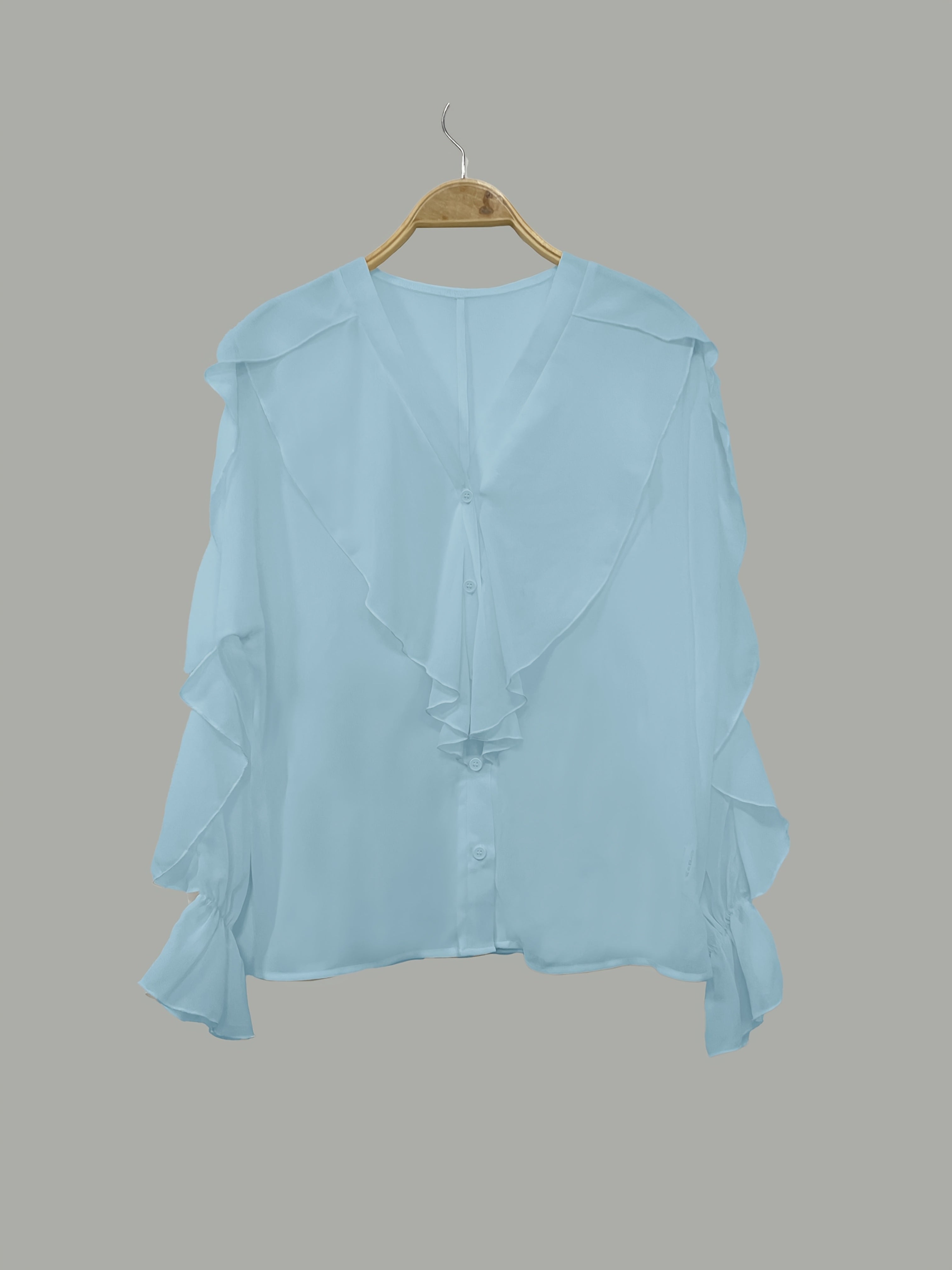 Solid Color Button Front Blouse, Elegant Long Sleeve Ruffle Trim Blouse for Spring & Fall - Women's Clothing - Soft Fabric - For Women - Suitable for Casual & Formal Occasions - Perfect Gift for Her