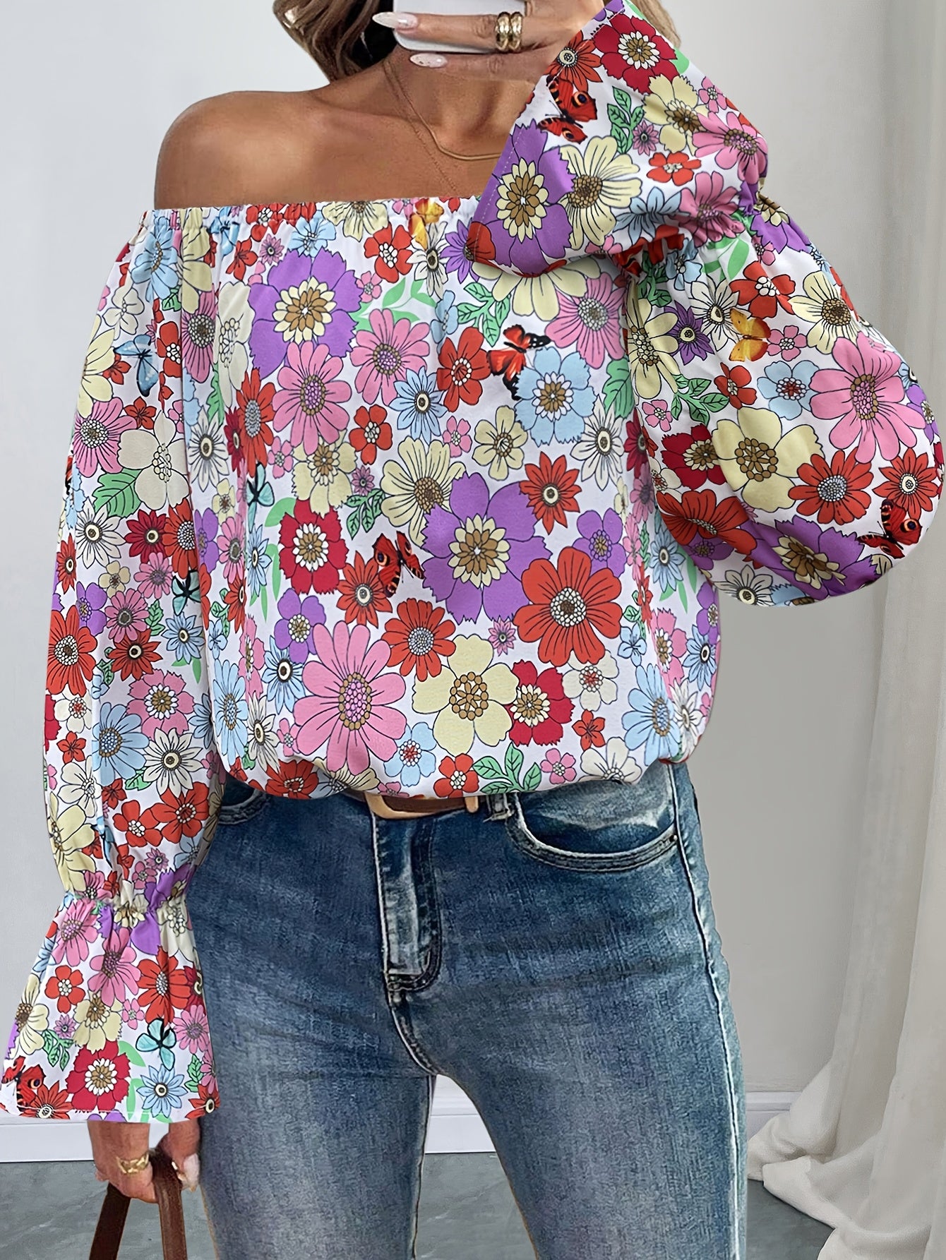 Women's Summer Floral Print Off-Shoulder Long Sleeve Blouse - Ruffled Sleeve Edges, Vibrant Multicolor Flowers on White, Machine Washable Lightweight Top for Spring\u002FSummer Casual & Resort Wear, Cute Summer Tops