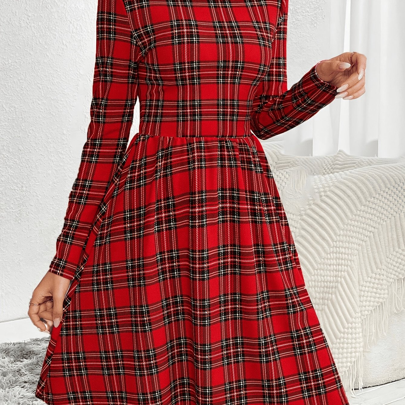Women's Red & Black Plaid A-Line Dress - Long Sleeve Round Neck Machine Washable Midi Dress with Medium Stretch, All-Season Elegant Casual to Formal Wear, Versatile Fashion, Stretchable Fabric