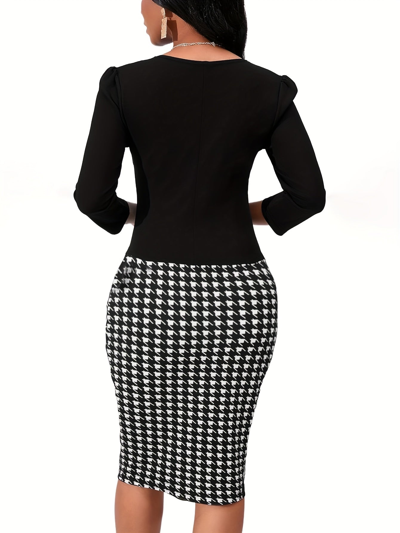 Women's Elegant Houndstooth Print Spliced Dress