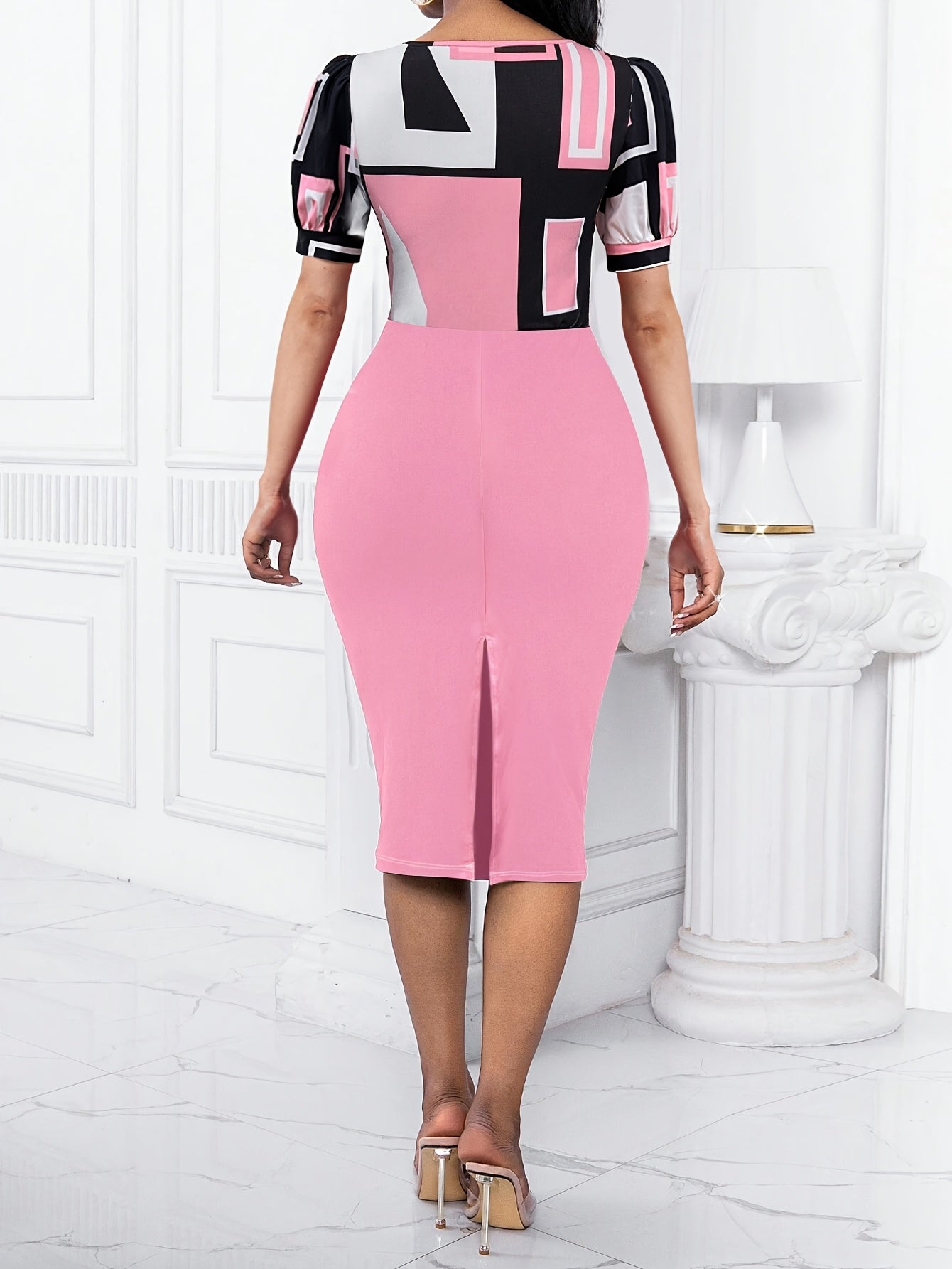 Elegant Women'S Summer Dress | Pink Geometric Print | Round Neck, Short Sleeve, Fitted Mid-Thigh Length | Polyester-Elastane Blend | Machine Washable | Ideal for Spring\u002FSummer Events, Event Attire | Geometric Print Dress | Stylish Tri