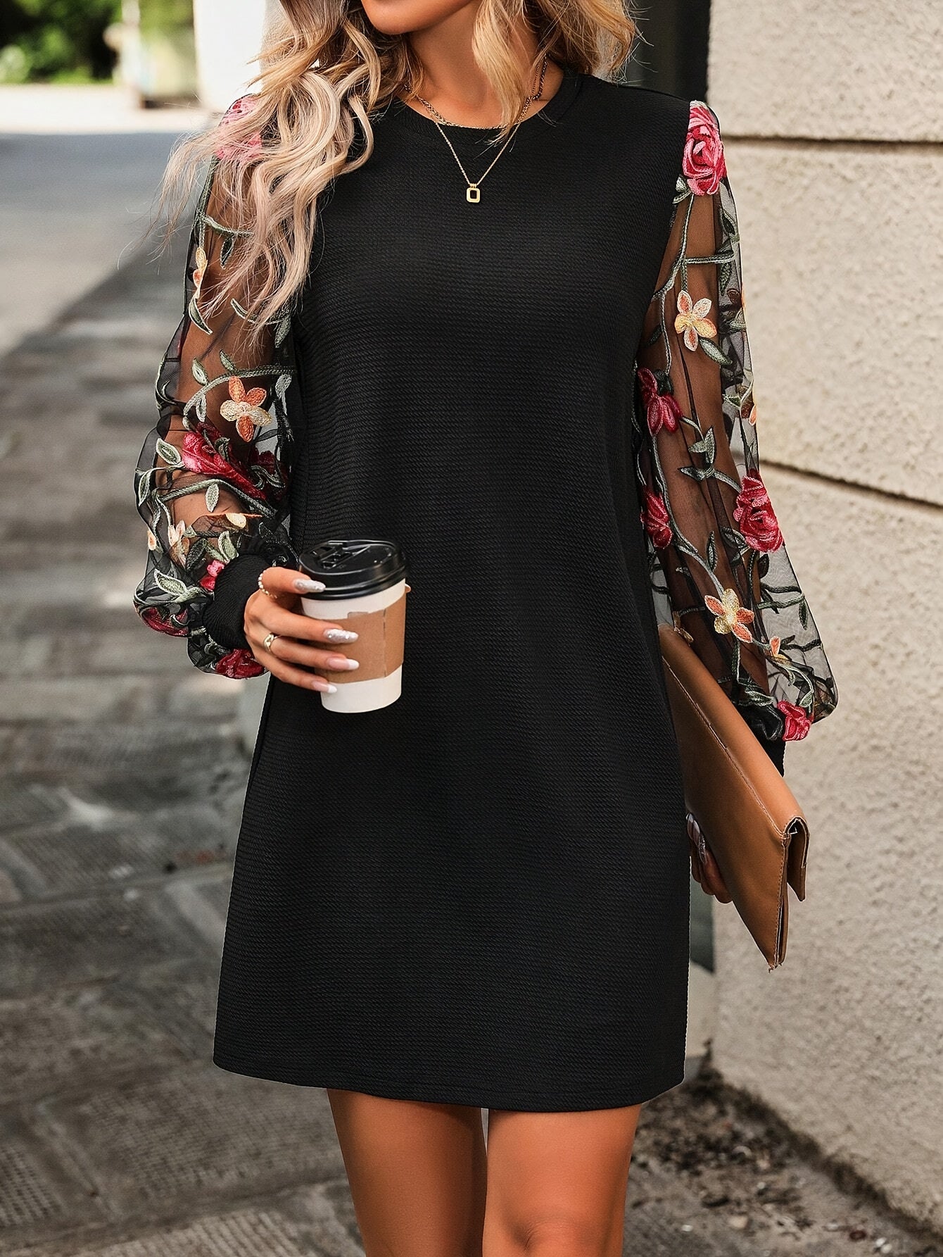 Women's Elegant Black Round Neck Floral Lace Sleeve Dress - A-Line Mid-Length Polyester-Spandex Blend, Machine Washable All-Season Casual to Formal Wear