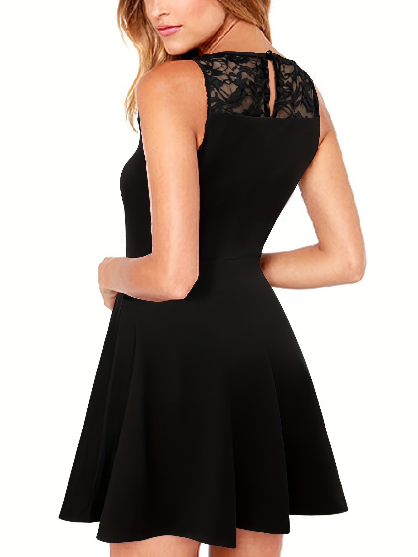 Elegant Sleeveless Lace Party Dress for Women - Sexy Hollow-Out Design, Knee-Length, Black, Perfect for Spring\u002FSummer Events, Lace Dress