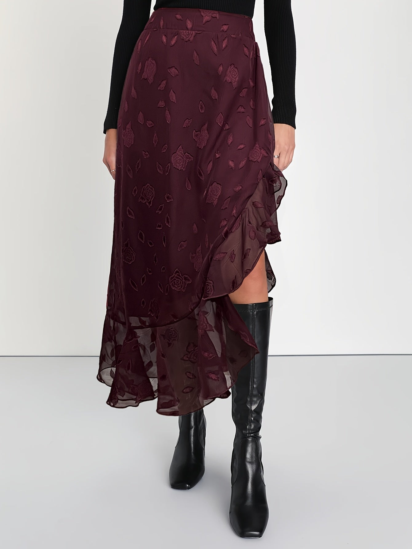 Women'S Elegant Maroon Jacquard Ruffle Hem Skirt - High-Waisted, Flowing A-Line Design, Off-Shoulder Ruffle Detail, Polyester, All-Season Wear, Casual Chic Outfit | Asymmetrical Skirt | Ruffle Hem