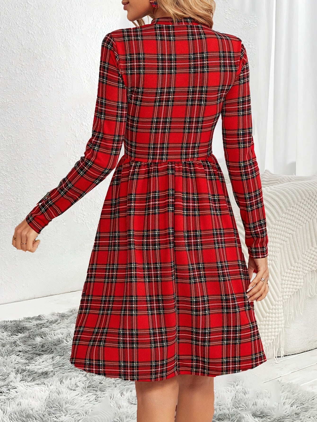 Women's Red & Black Plaid A-Line Dress - Long Sleeve Round Neck Machine Washable Midi Dress with Medium Stretch, All-Season Elegant Casual to Formal Wear, Versatile Fashion, Stretchable Fabric