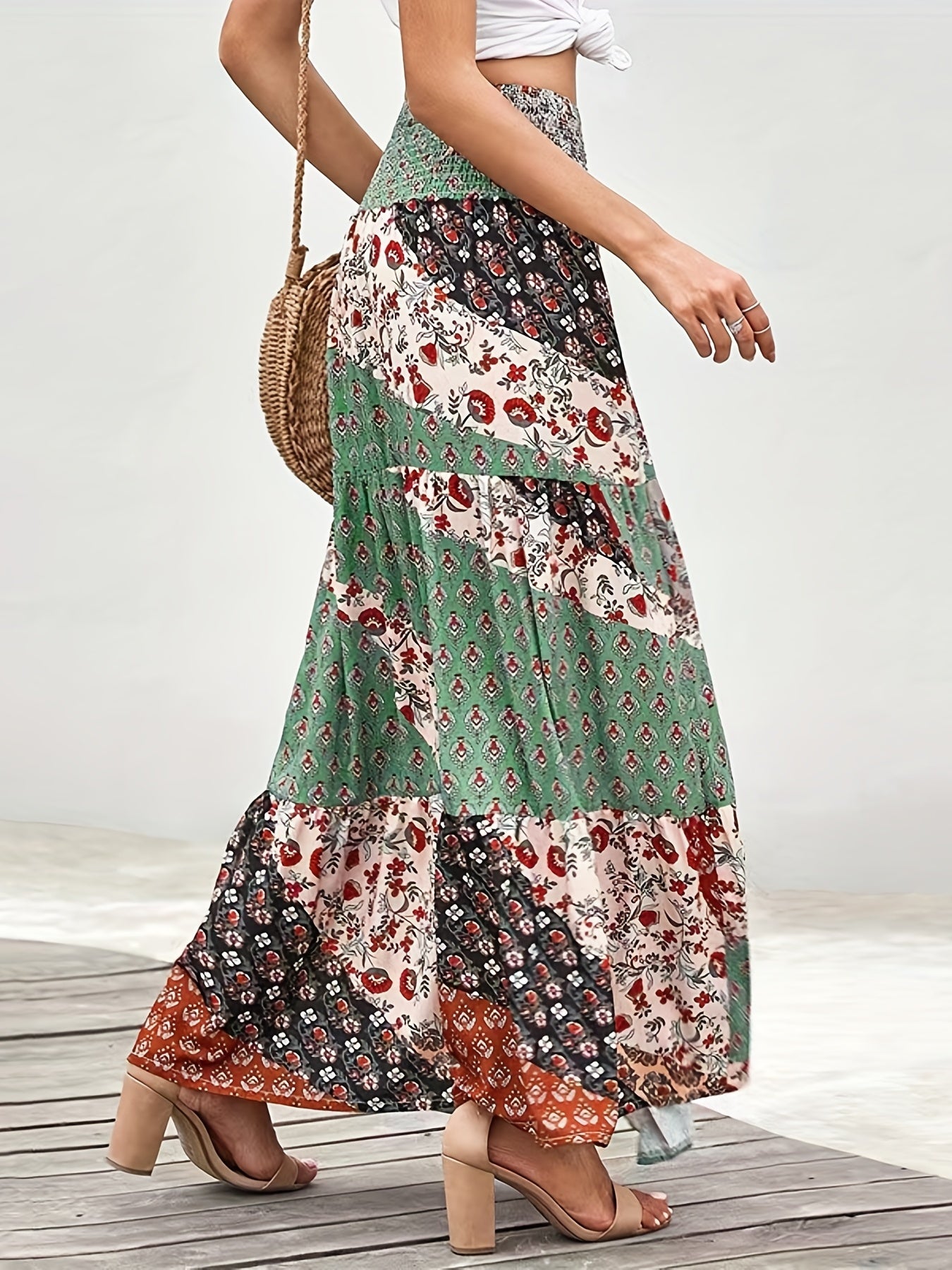 Floral Patchwork Print Shirred Waist Skirt, Boho Skirt For Spring & Summer, Women's Clothing