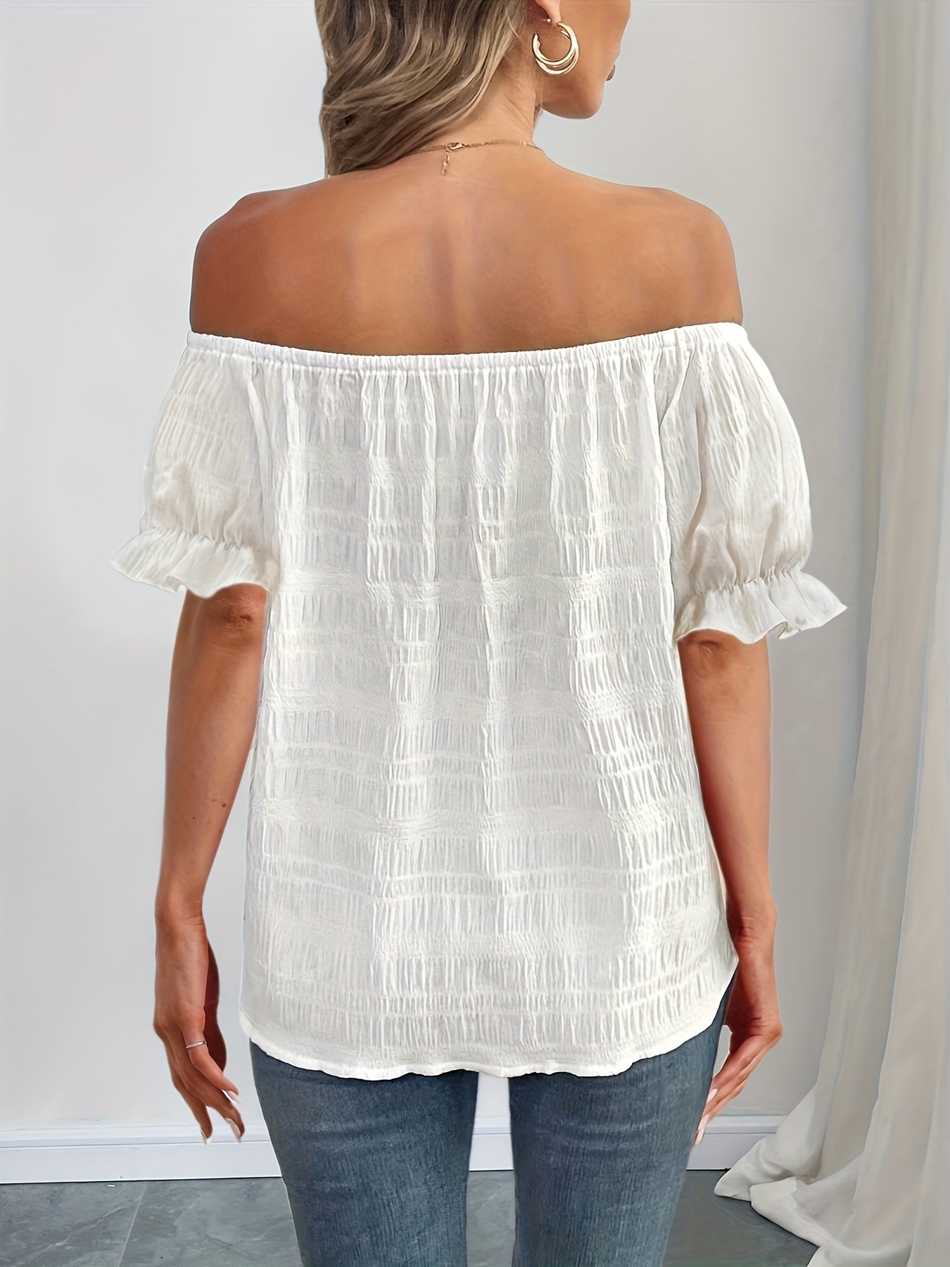 French Elegant Women's Casual Pleated Off-the-Shoulder Short Sleeve Top Summer Dress