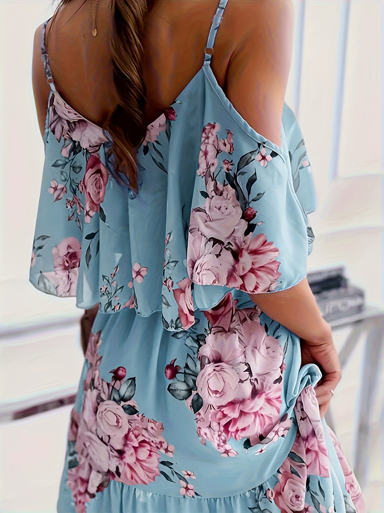 Autumn Sweet Floral Spaghetti Strap One-Shoulder Ruffle Hem Short Chiffon Fairy Dress New Arrival