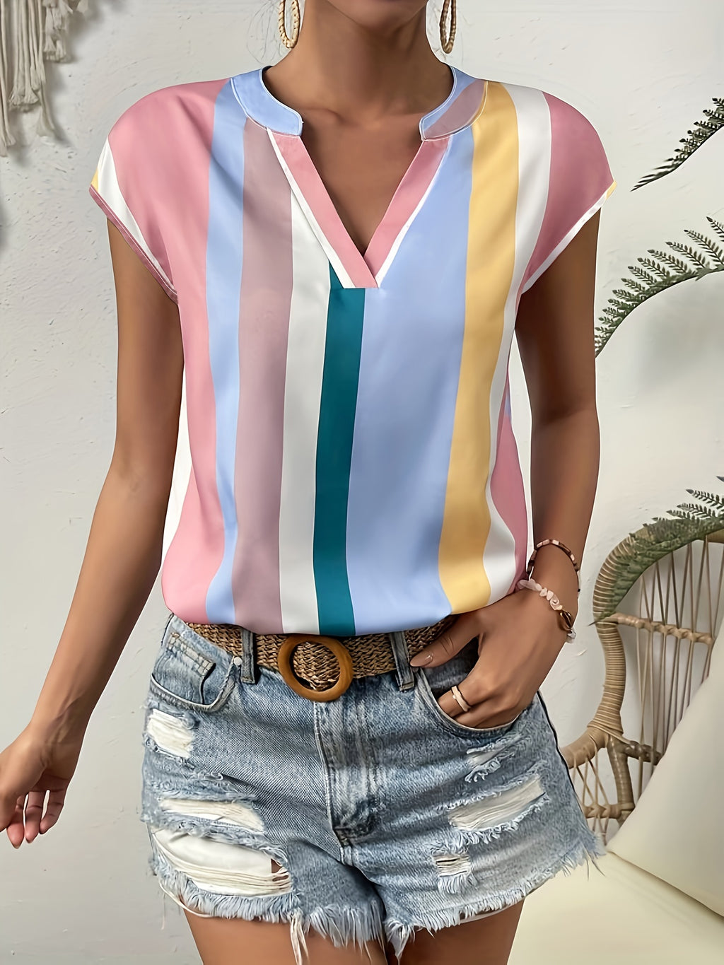 Women's Casual V-Neck T-Shirt with Striped Print - Breathable Polyester, Machine Washable - Perfect for Summer, Leisure Style, Conventional Version, Xia