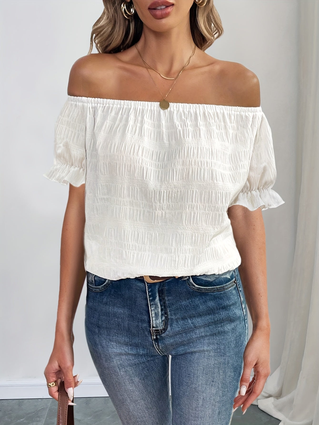 French Elegant Women's Casual Pleated Off-the-Shoulder Short Sleeve Top Summer Dress
