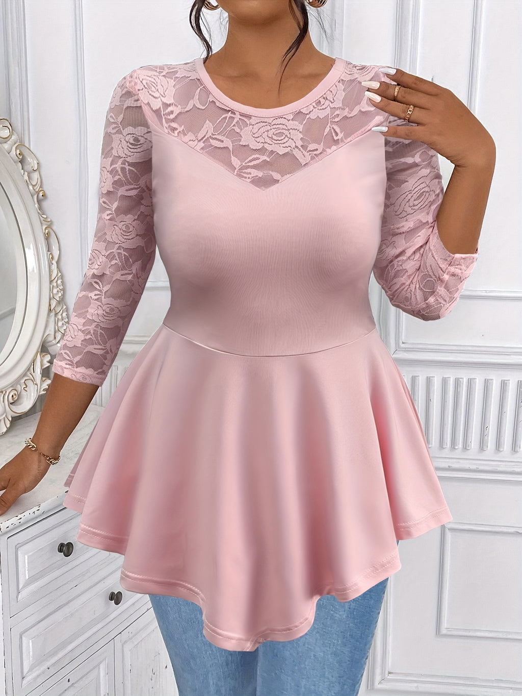 Women'S Irregular Long-Sleeve Top with Floral Lace And a Round Neckline.