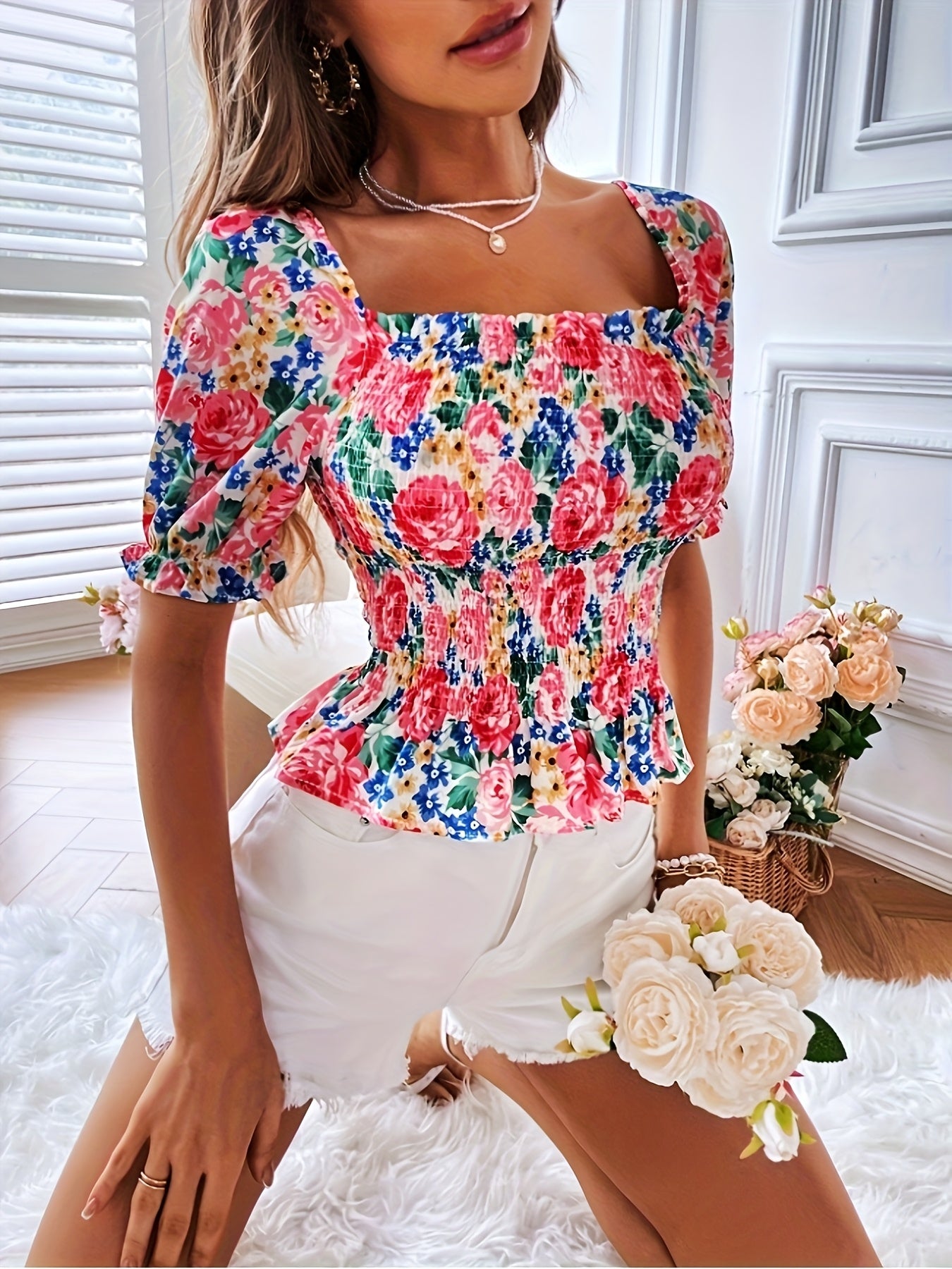 Bohemian Floral Print Blouse with Puff Sleeves & Ruffle Detail - Square Neck, Short Sleeve, A-Line Cut, Vibrant Pink, Blue, Yellow, Green Floral Design, Perfect for Casual Outings, Summer Fashion Top, Ruffle Trim, Elegant Appearance