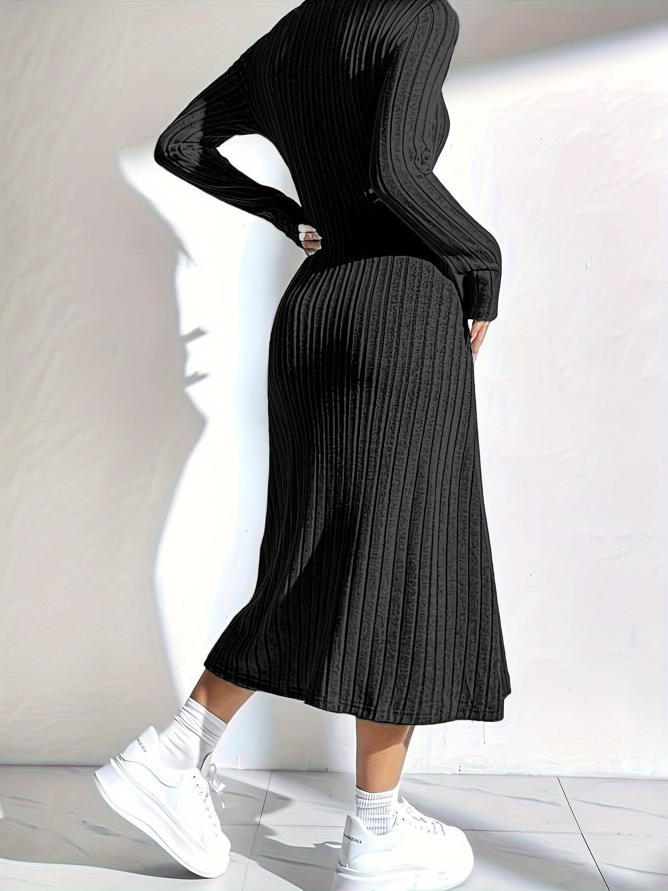 Square Neck Long Sleeve Dress - Elegant Solid Color Mermaid Knit Midi Dress For Spring & Fall - Women's Clothing - For Women - Suitable for Parties & Casual Occasions - Perfect Gift for Her