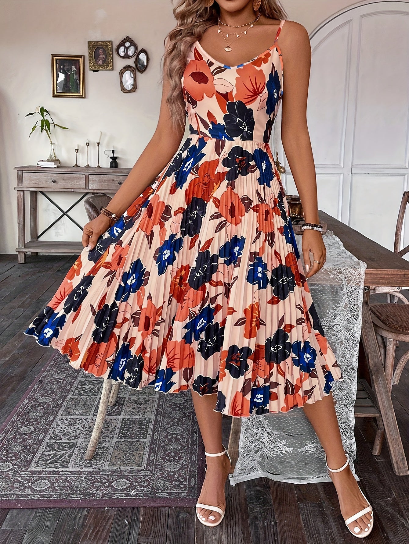 Summer Vacation Women's Printed Design Pleated Hem Camisole Dress
