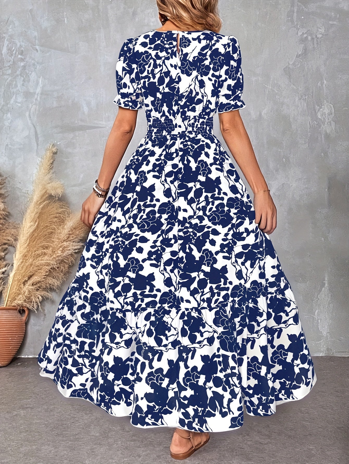 Elegant Floral Print Crew Neck Short Sleeve A-Line Pendulum Dress, Long Length, for Adult