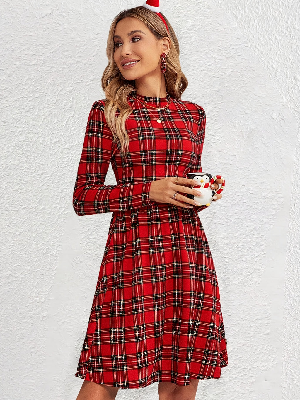 Women's Red & Black Plaid A-Line Dress - Long Sleeve Round Neck Machine Washable Midi Dress with Medium Stretch, All-Season Elegant Casual to Formal Wear, Versatile Fashion, Stretchable Fabric
