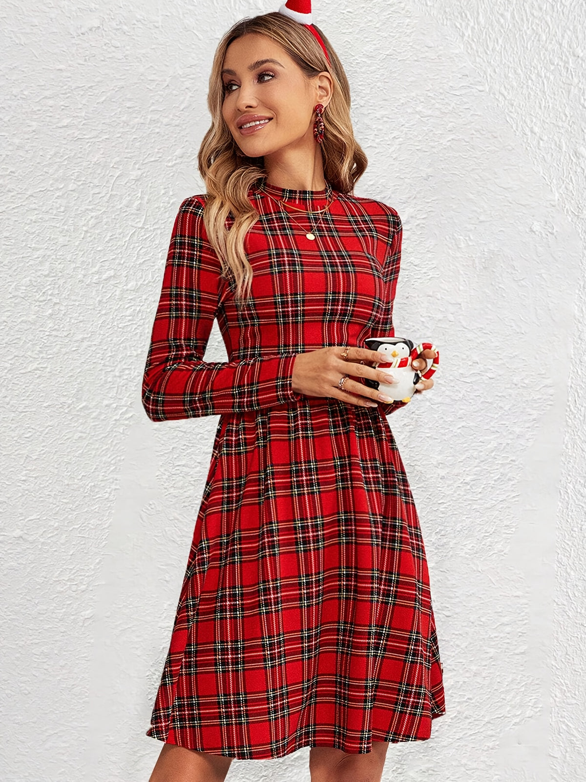 Women's Red & Black Plaid A-Line Dress - Long Sleeve Round Neck Machine Washable Midi Dress with Medium Stretch, All-Season Elegant Casual to Formal Wear, Versatile Fashion, Stretchable Fabric
