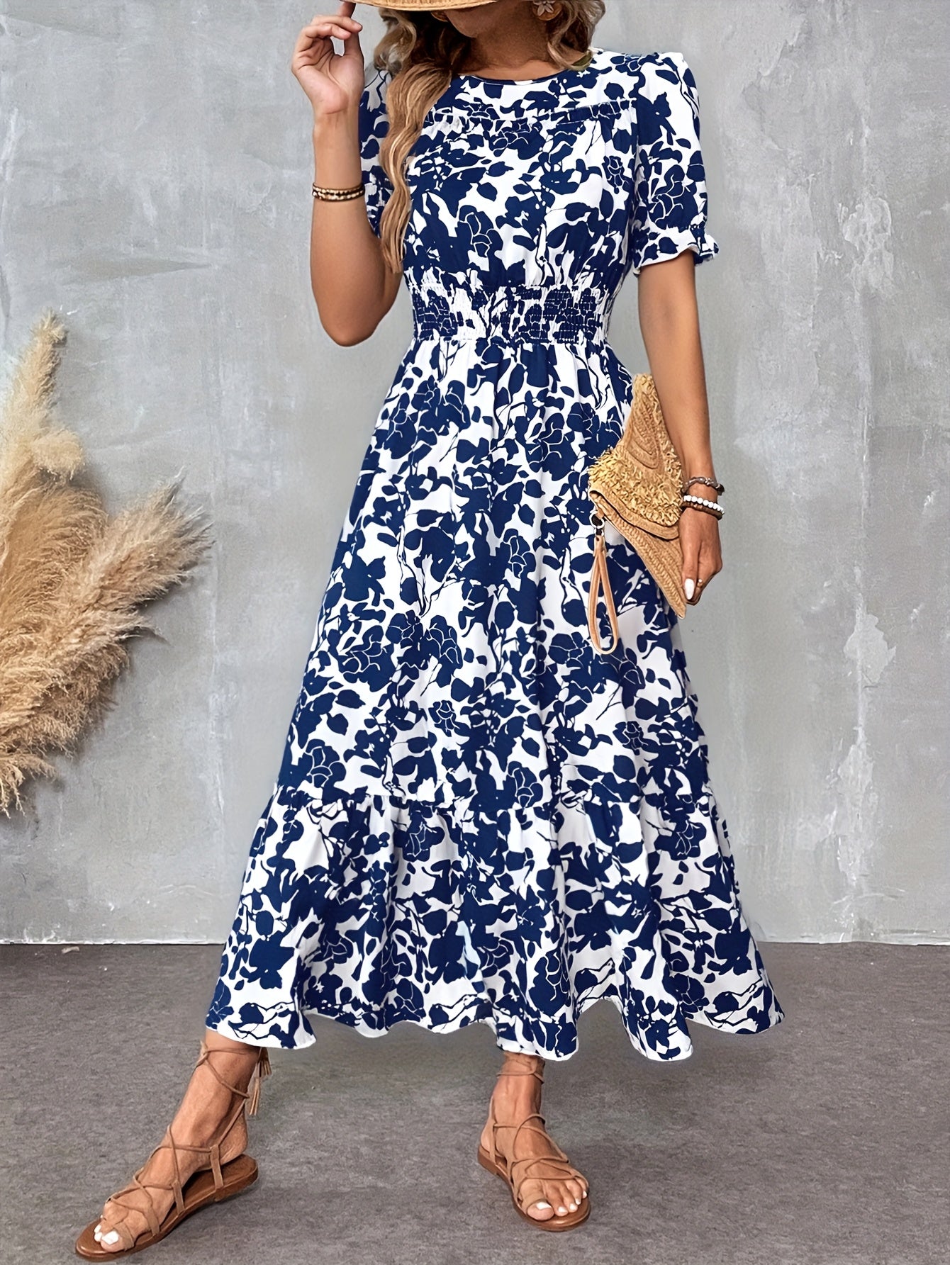 Elegant Floral Print Crew Neck Short Sleeve A-Line Pendulum Dress, Long Length, for Adult