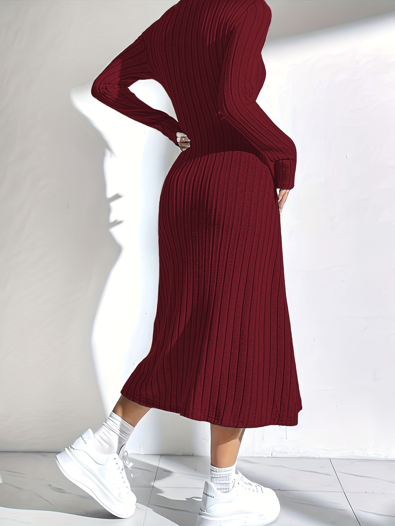 Square Neck Long Sleeve Dress - Elegant Solid Color Mermaid Knit Midi Dress For Spring & Fall - Women's Clothing - For Women - Suitable for Parties & Casual Occasions - Perfect Gift for Her