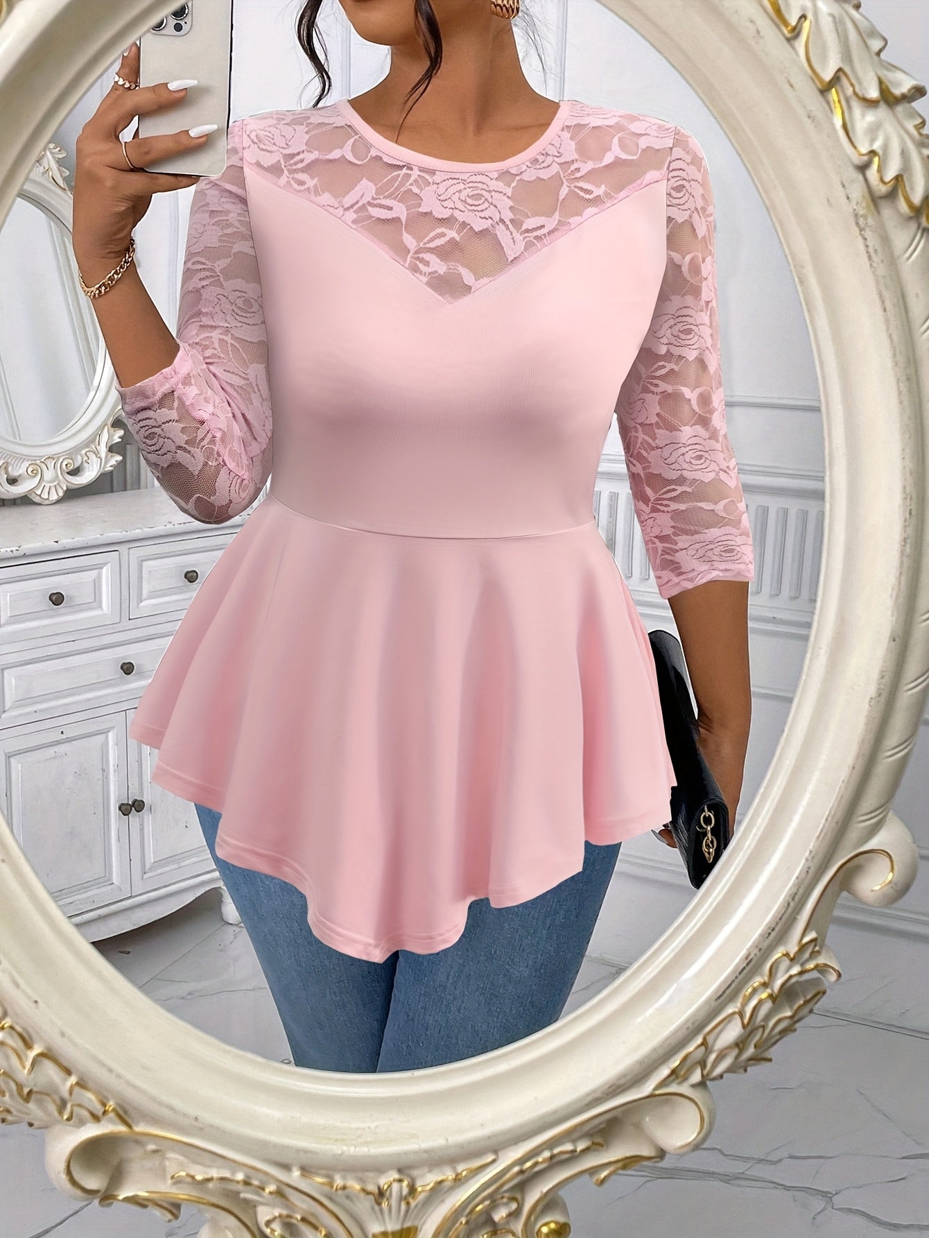 Women'S Irregular Long-Sleeve Top with Floral Lace And a Round Neckline.