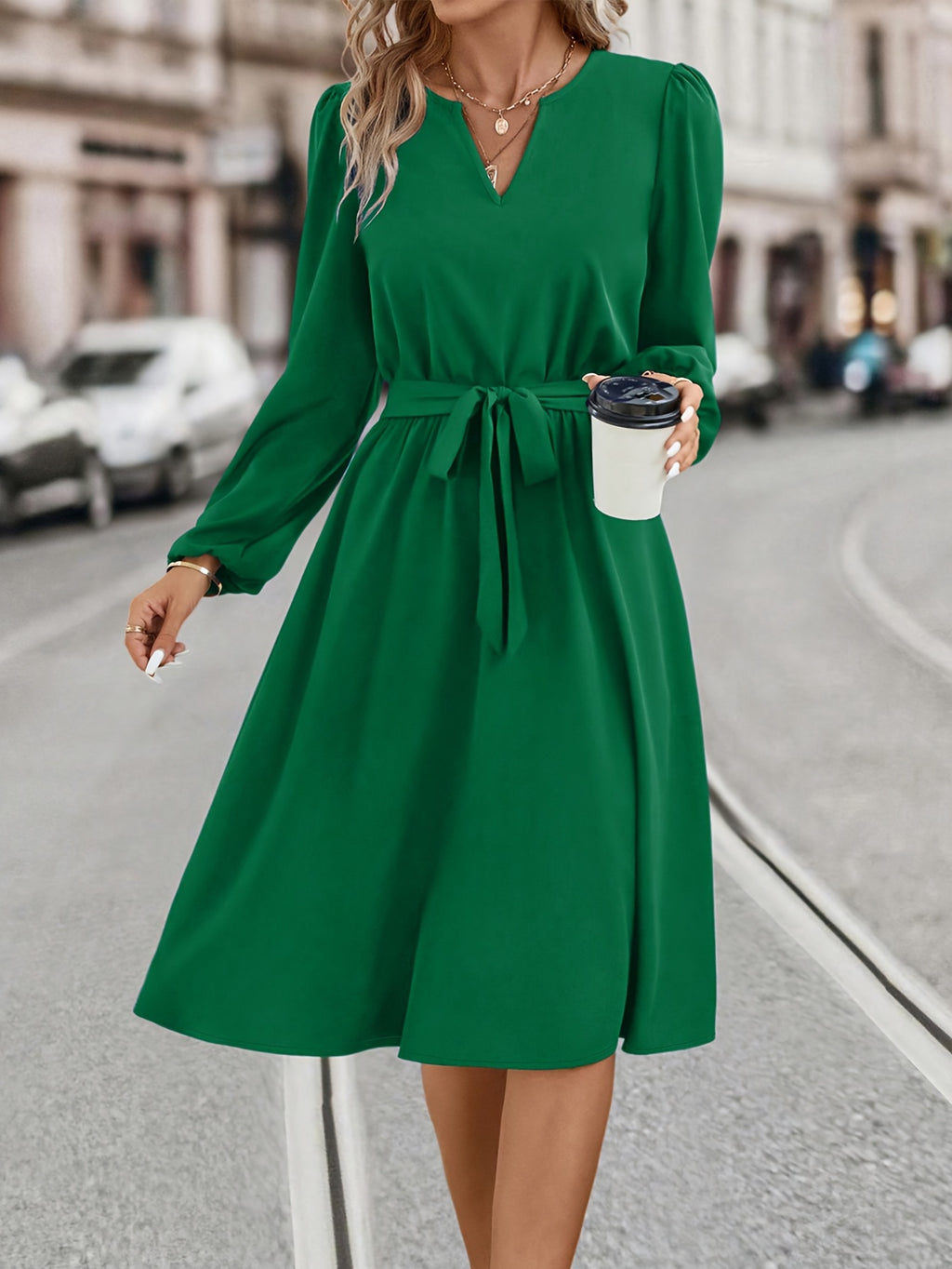 Women's Elegant V-Neck Long Sleeve Dress with Front Bow Detail - A-Line Midi Dress in Vibrant Green, 100% Polyester, Machine Washable, All-Season Versatile Wear