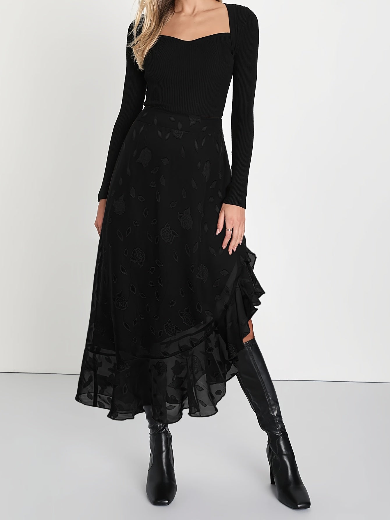 Women'S Elegant Maroon Jacquard Ruffle Hem Skirt - High-Waisted, Flowing A-Line Design, Off-Shoulder Ruffle Detail, Polyester, All-Season Wear, Casual Chic Outfit | Asymmetrical Skirt | Ruffle Hem