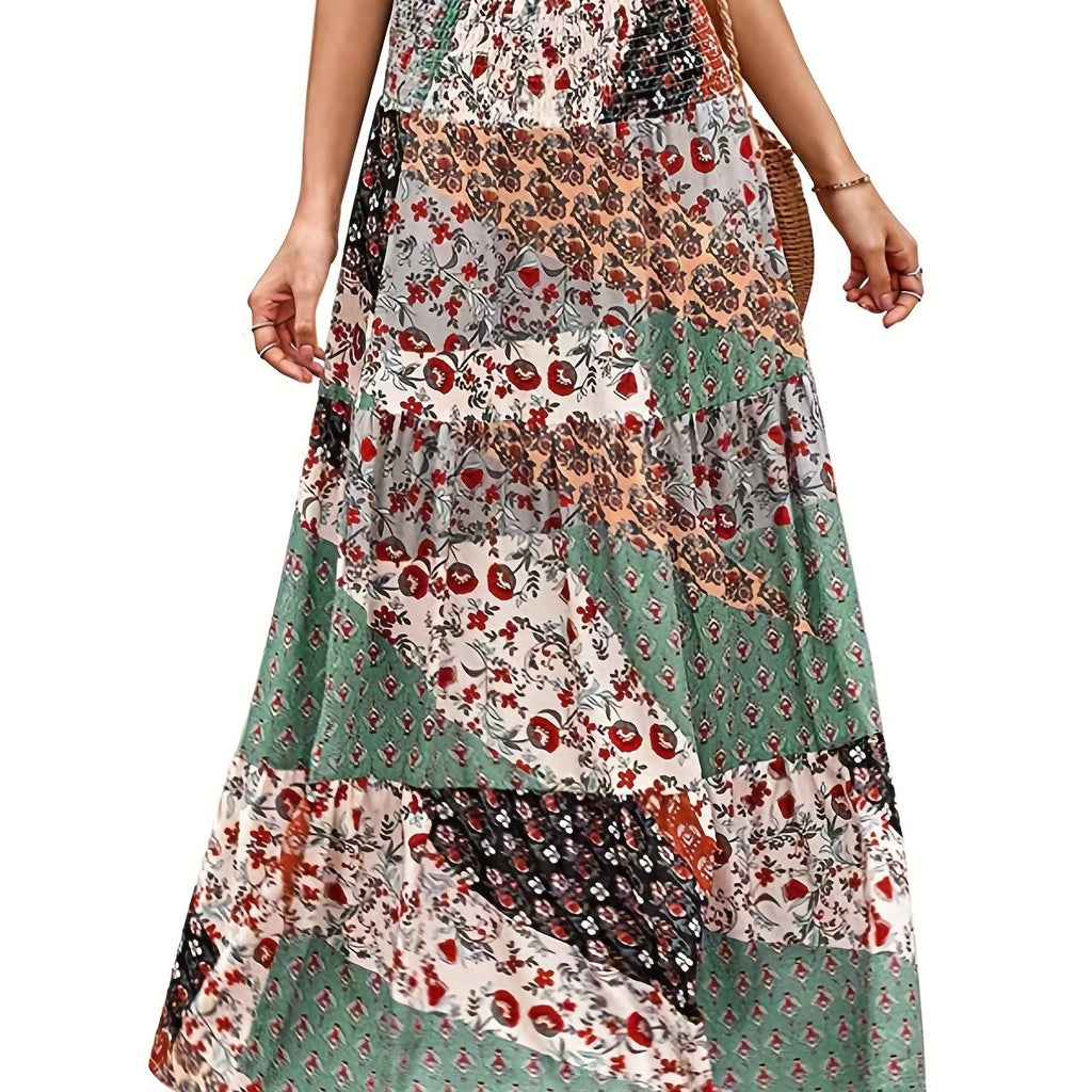 Floral Patchwork Print Shirred Waist Skirt, Boho Skirt For Spring & Summer, Women's Clothing