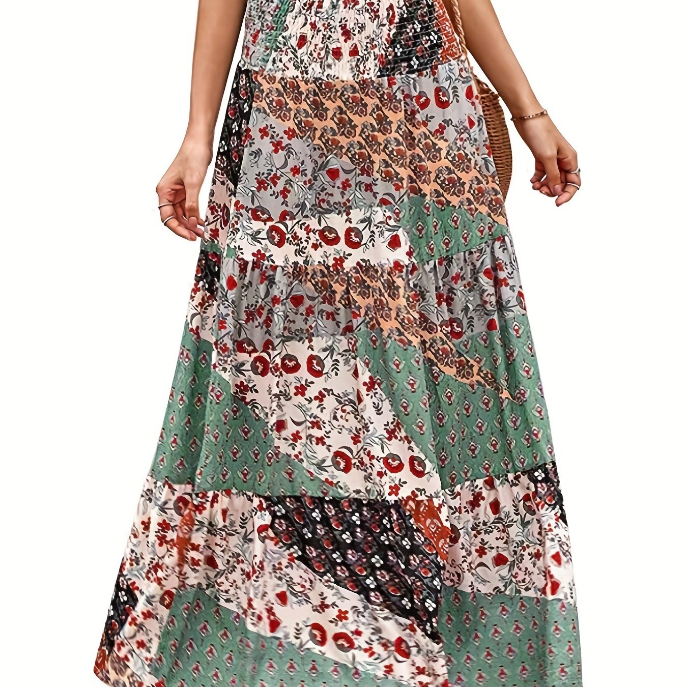 Floral Patchwork Print Shirred Waist Skirt, Boho Skirt For Spring & Summer, Women's Clothing