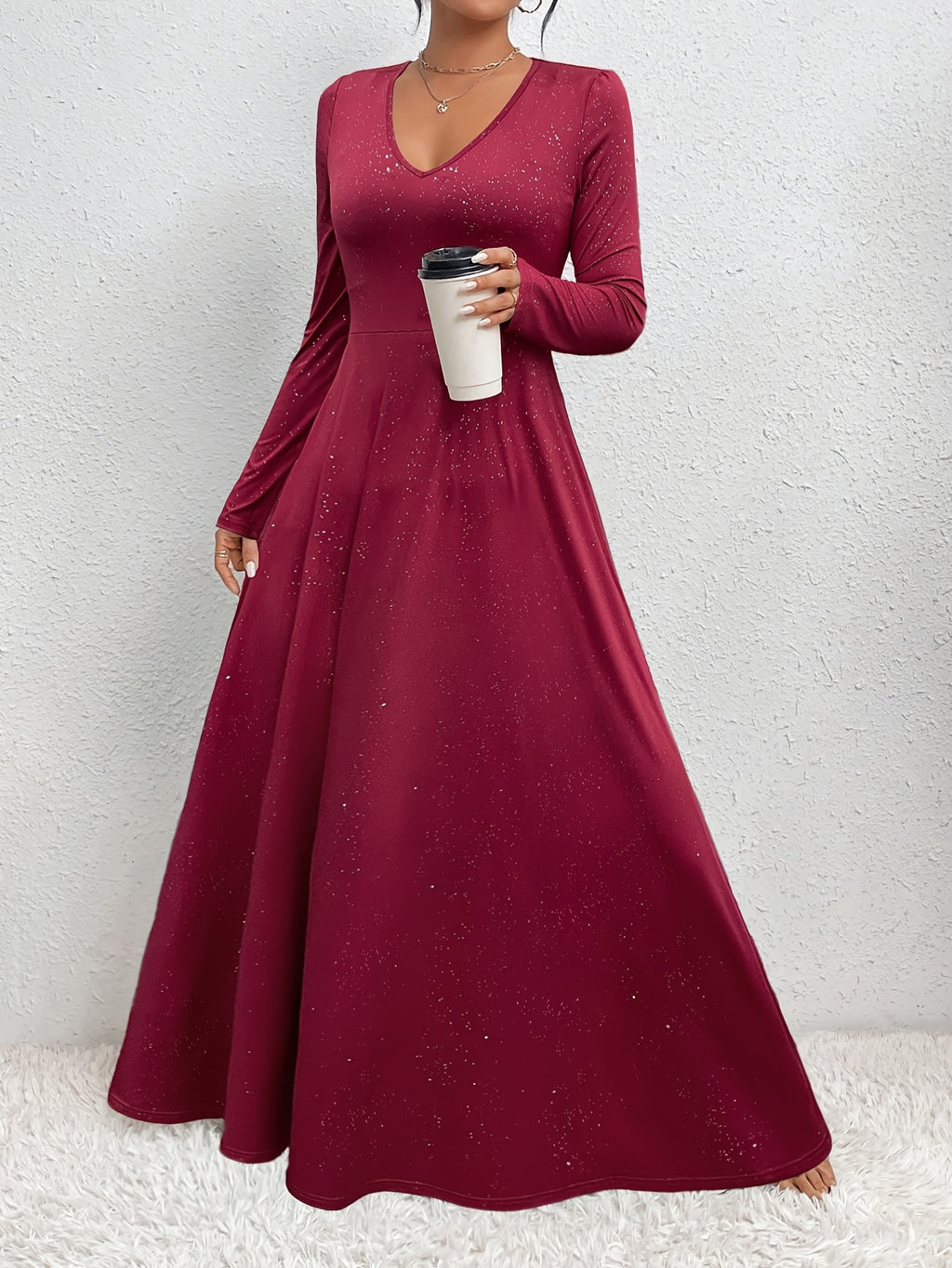 Elegant Maroon V-Neck Long Sleeve Maxi Dress for Women - Stretchy Polyester & Spandex Blend, High Elasticity, A-Line Silhouette, Machine Washable, All-Season Wear