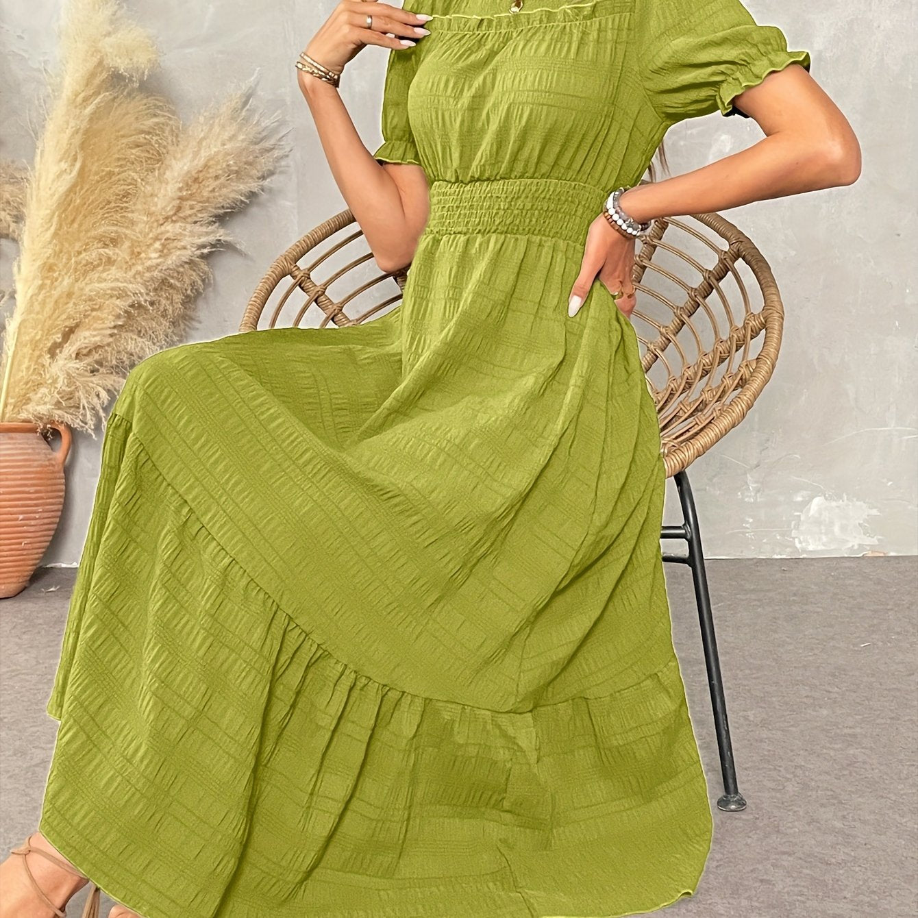 St. Patrick's Summer Round Neck Design Ruffle Sleeve Maxi Dress