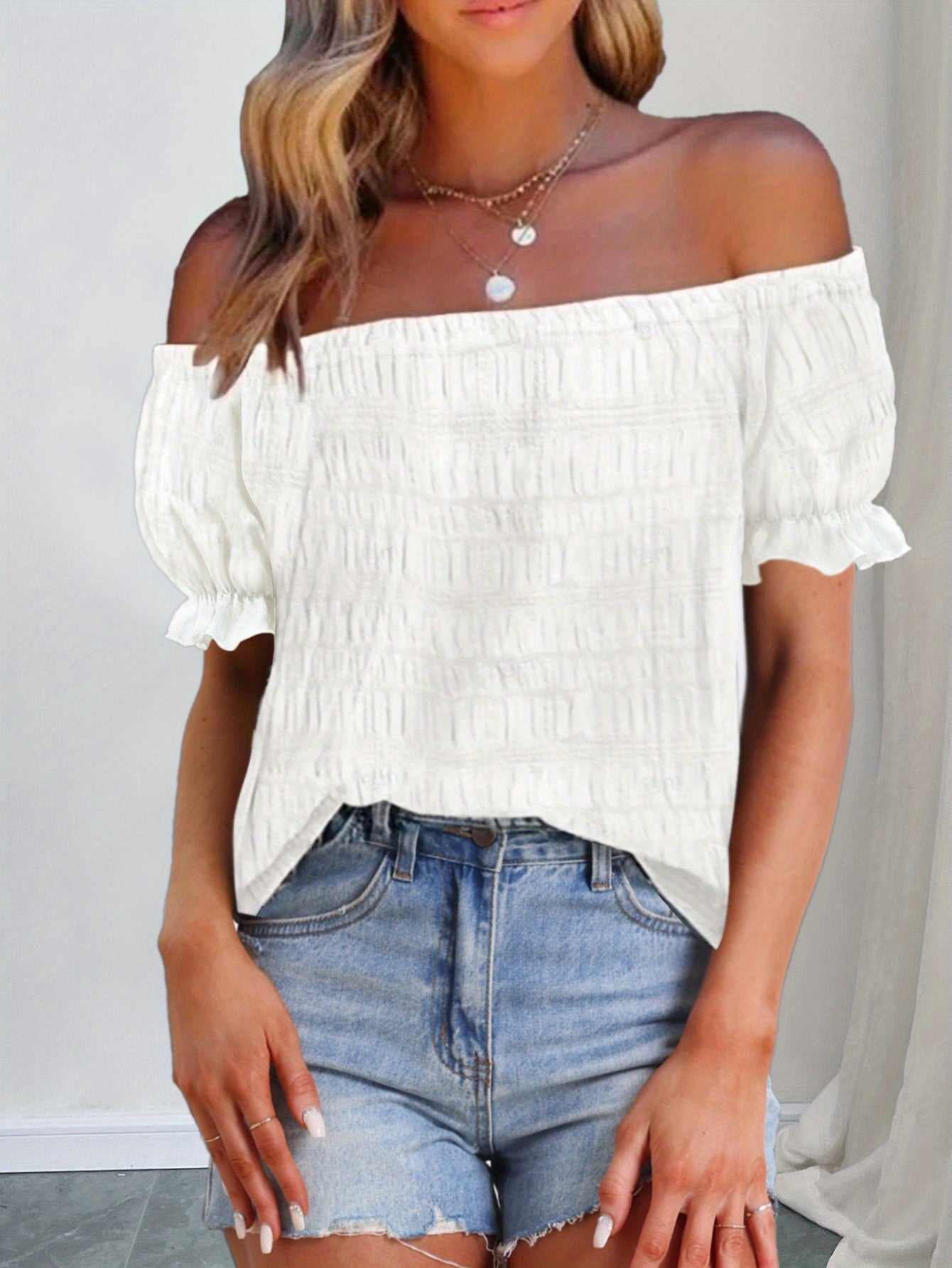 French Elegant Women's Casual Pleated Off-the-Shoulder Short Sleeve Top Summer Dress
