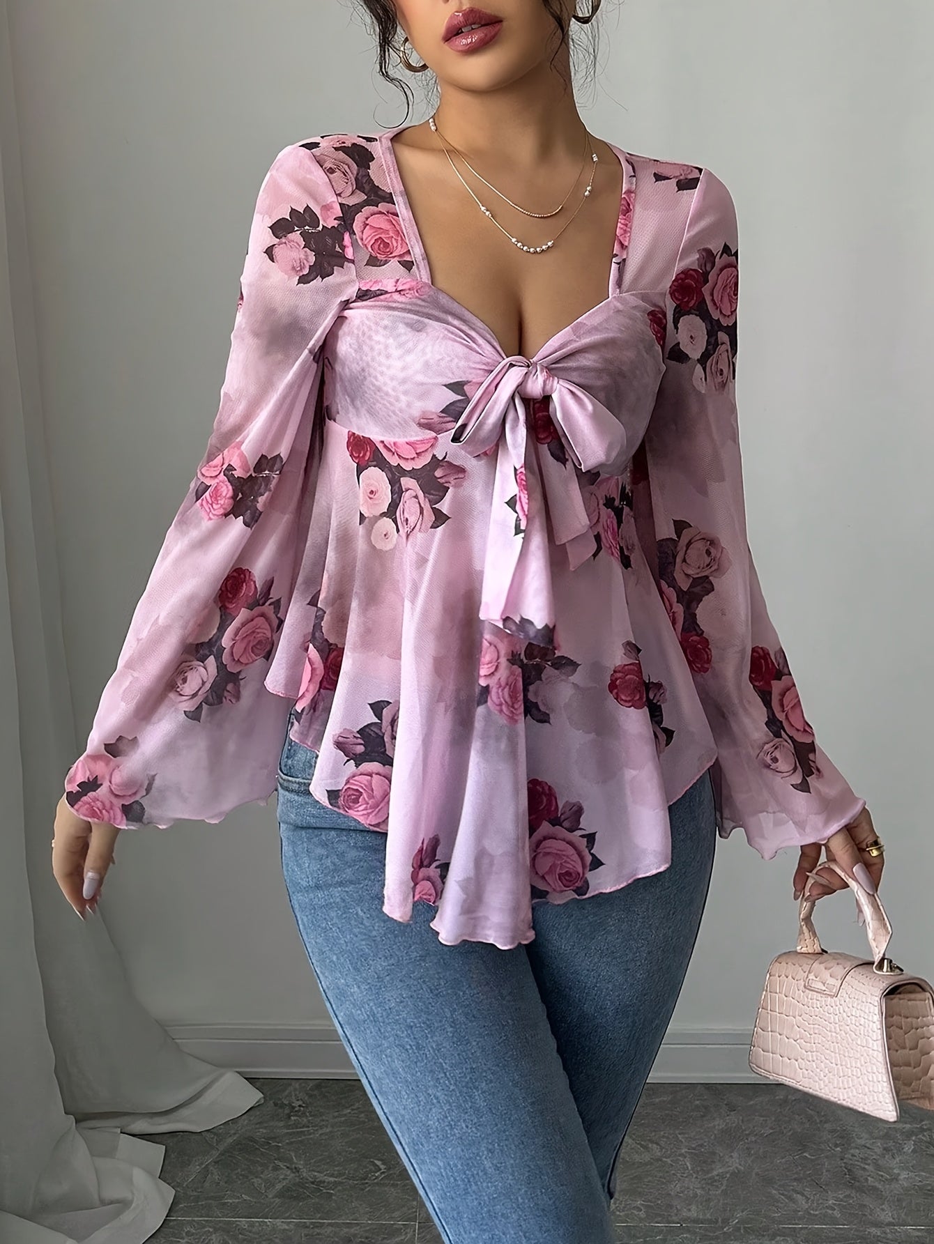 French-Style Casual Sexy Vacation Semi-Sheer Floral Bow Ruffled Long-Sleeve Women'S Top for Summer