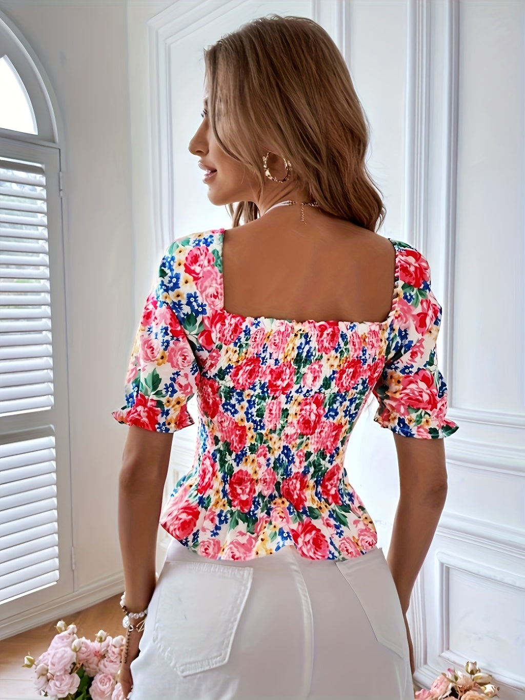 Bohemian Floral Print Blouse with Puff Sleeves & Ruffle Detail - Square Neck, Short Sleeve, A-Line Cut, Vibrant Pink, Blue, Yellow, Green Floral Design, Perfect for Casual Outings, Summer Fashion Top, Ruffle Trim, Elegant Appearance