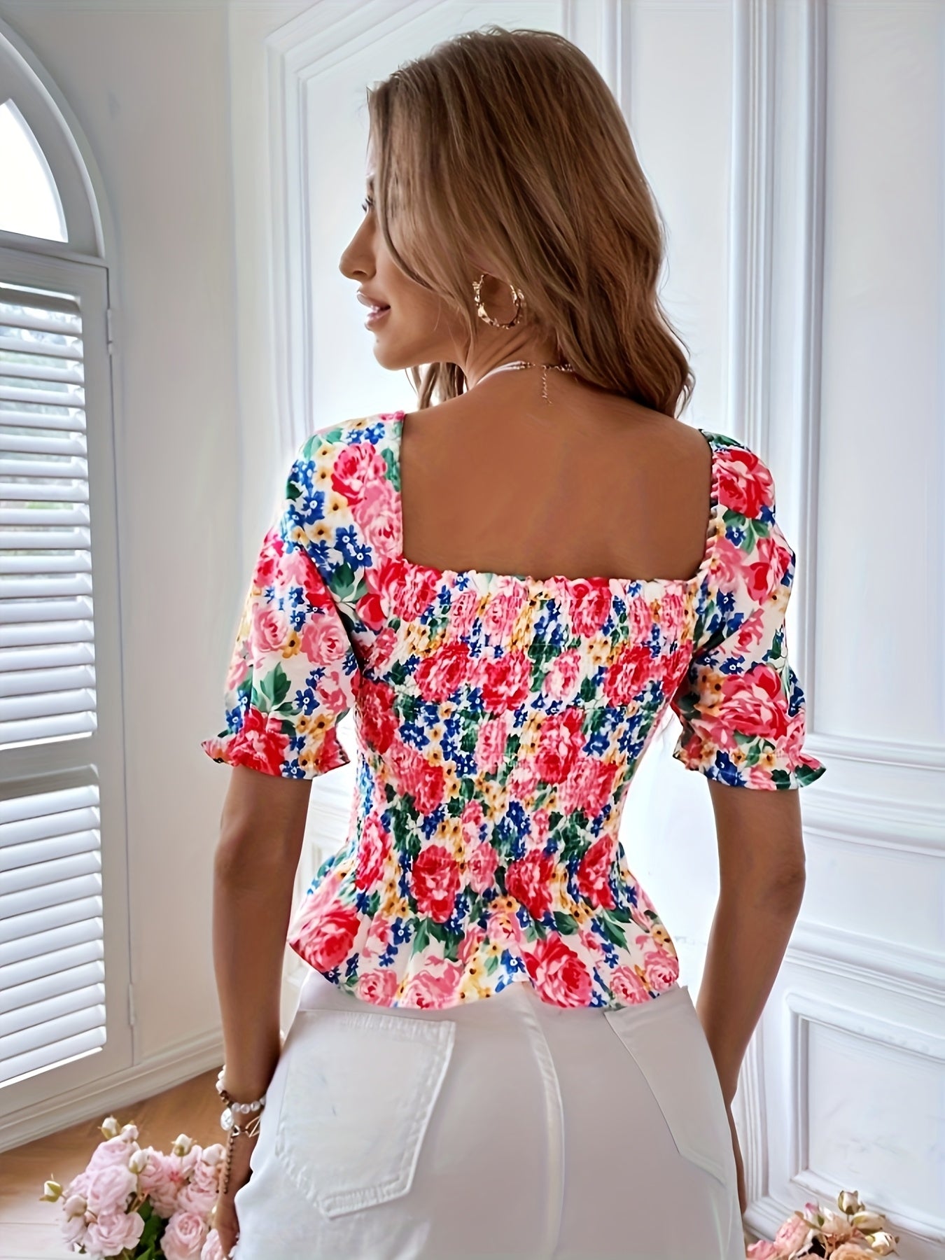 Bohemian Floral Print Blouse with Puff Sleeves & Ruffle Detail - Square Neck, Short Sleeve, A-Line Cut, Vibrant Pink, Blue, Yellow, Green Floral Design, Perfect for Casual Outings, Summer Fashion Top, Ruffle Trim, Elegant Appearance