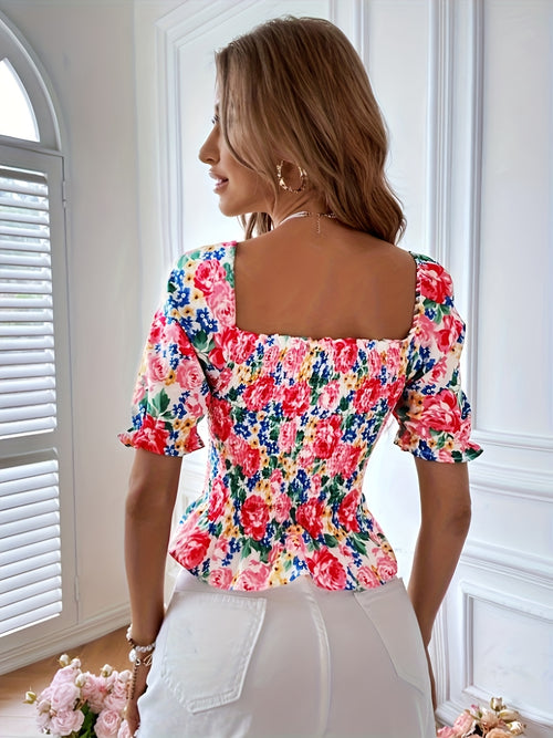 Bohemian Floral Print Blouse with Puff Sleeves & Ruffle Detail - Square Neck, Short Sleeve, A-Line Cut, Vibrant Pink, Blue, Yellow, Green Floral Design, Perfect for Casual Outings, Summer Fashion Top, Ruffle Trim, Elegant Appearance