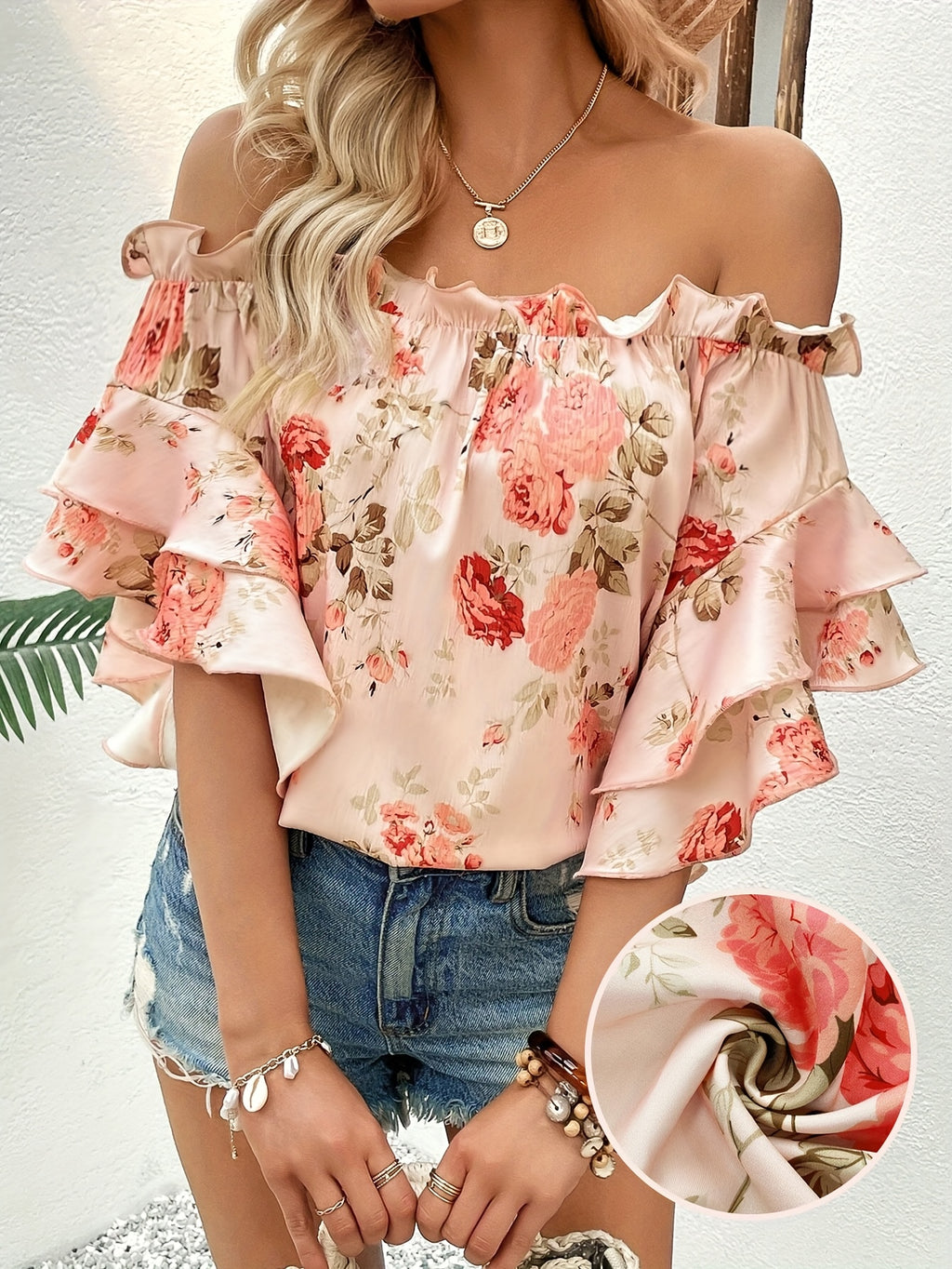 Women'S Floral Off-Shoulder Ruffle Top - Pink with Peach and Green Floral Print, Short Sleeves, Perfect for Spring\u002FSummer, Casual Summer Top|Floral Print Top|Ruffle Detail Top