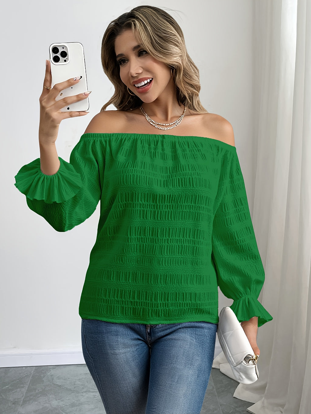Solid Color Casual Elegant Pleated Off-Shoulder Long Sleeve Shirt Summer Wear