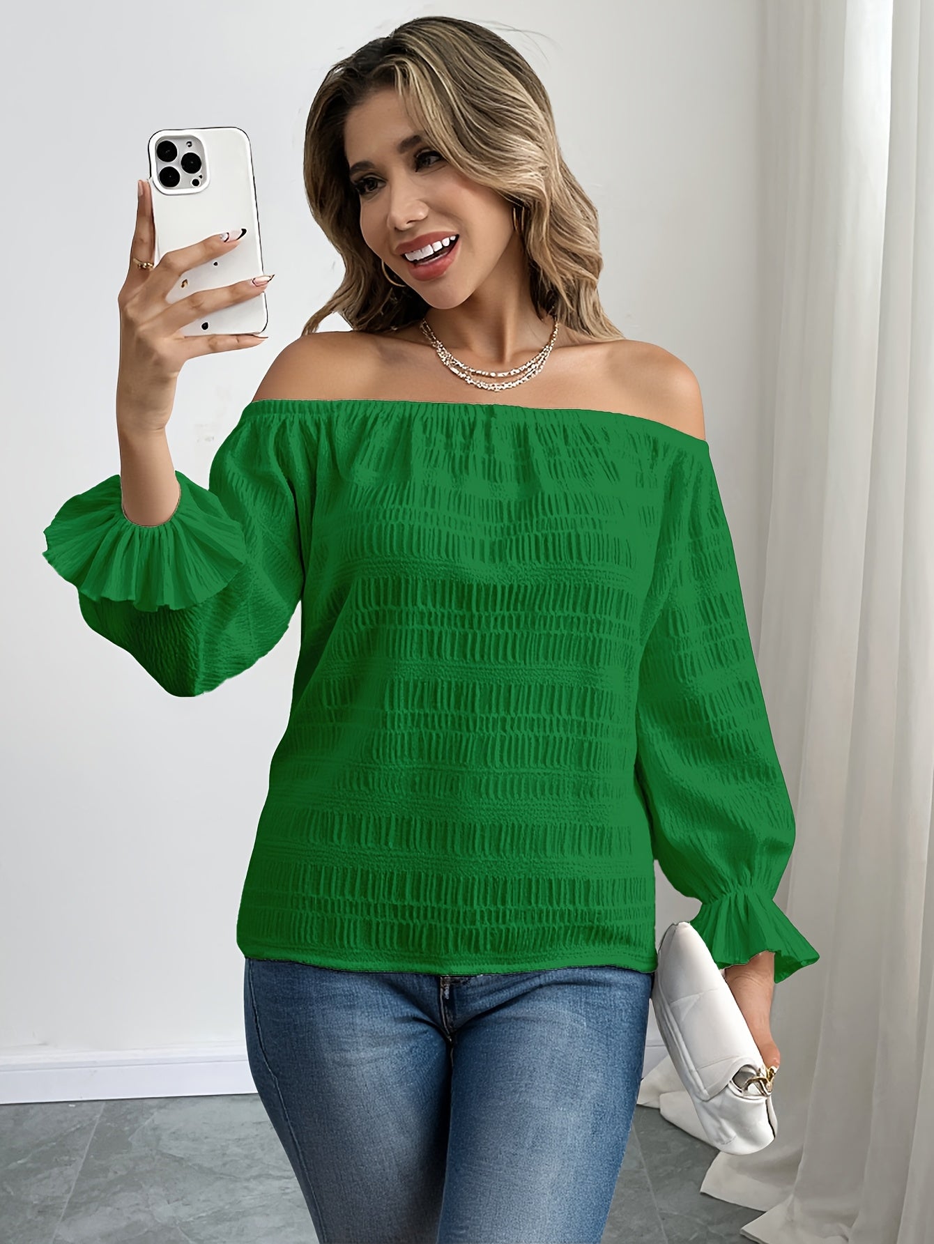 Solid Color Casual Elegant Pleated Off-Shoulder Long Sleeve Shirt Summer Wear