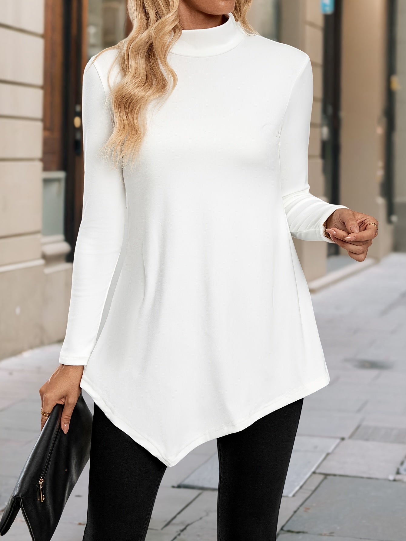Women's High-Neck Asymmetrical Hem Long Sleeve Top - Stretchy Solid Color Casual Chic Shirt, All-Season Machine Washable & Dry Cleanable, Everyday Fashion, Highneck Design, Stretchy Fabric