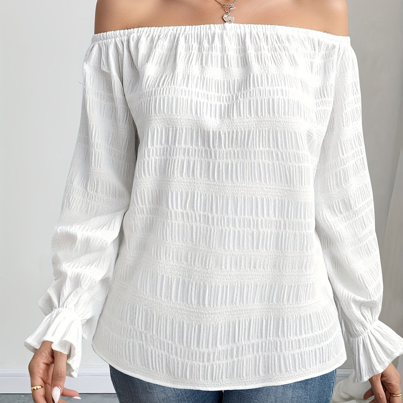 Solid Color Casual Elegant Pleated Off-Shoulder Long Sleeve Shirt Summer Wear