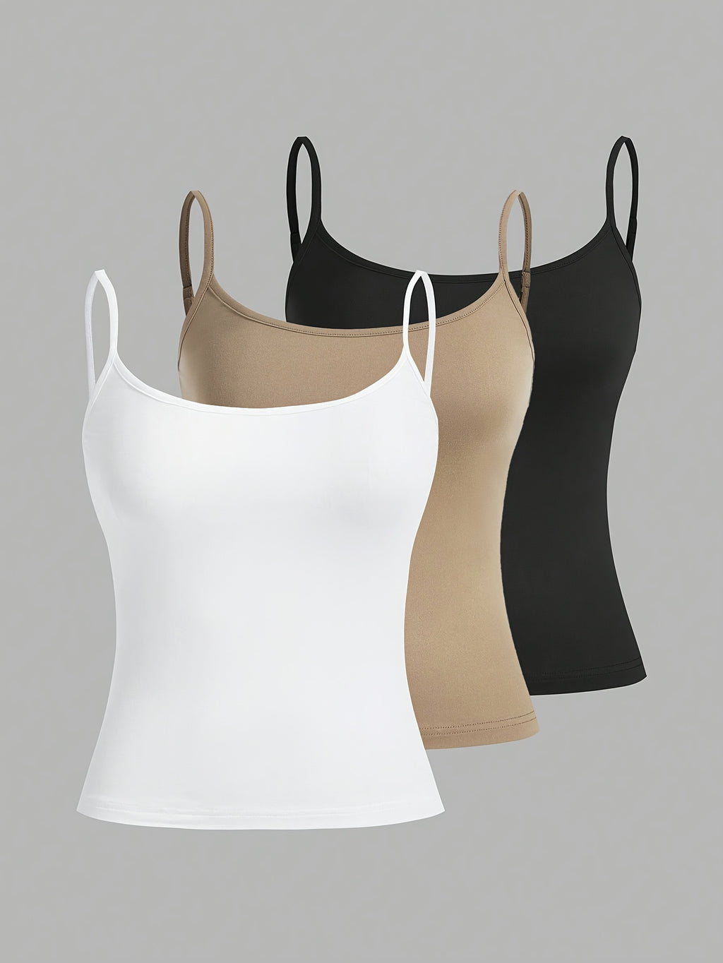 Women's Sexy Polyester Camisole Tops - Pack of 3, Knit Fabric Slingback Tank Tops with Off the Shoulder Collar, Solid Color Stretch Camis for All Seasons - 95% Polyester, 5% Elastane