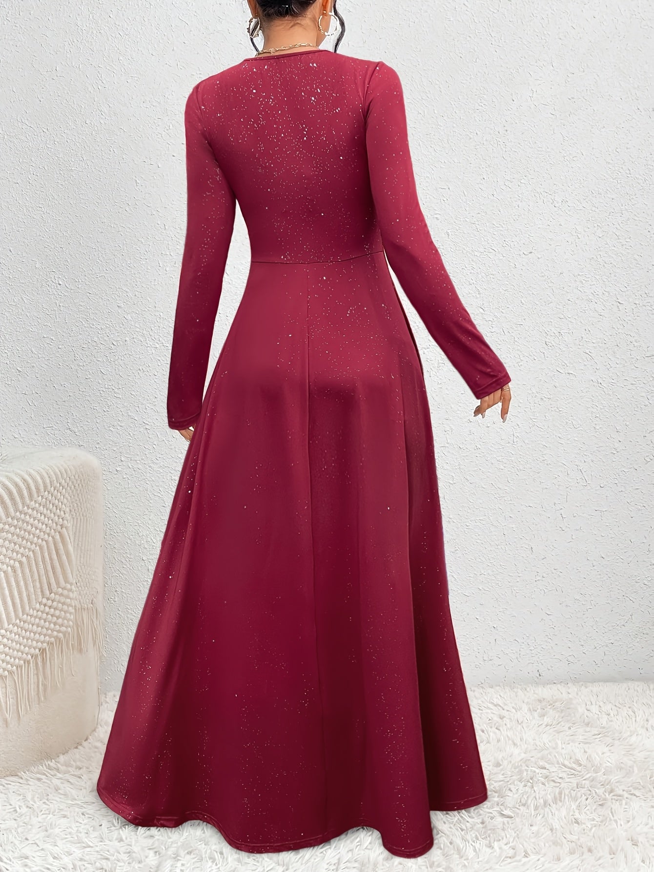 Elegant Maroon V-Neck Long Sleeve Maxi Dress for Women - Stretchy Polyester & Spandex Blend, High Elasticity, A-Line Silhouette, Machine Washable, All-Season Wear